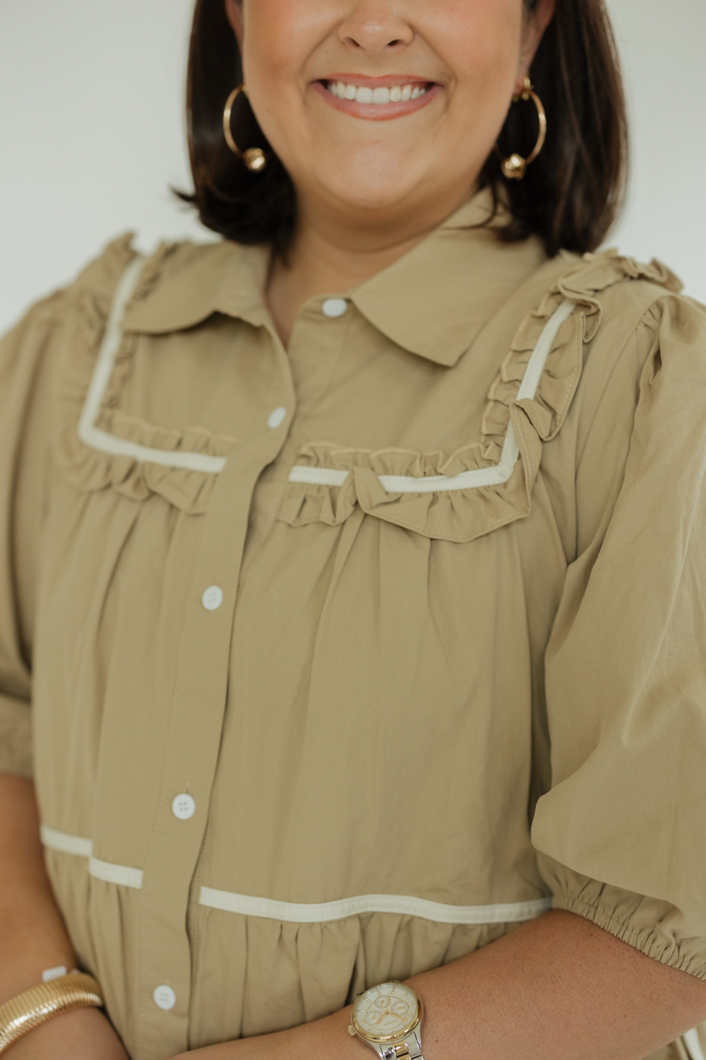 Khaki Ruffled Button Down Mini Dress (S-3XL)