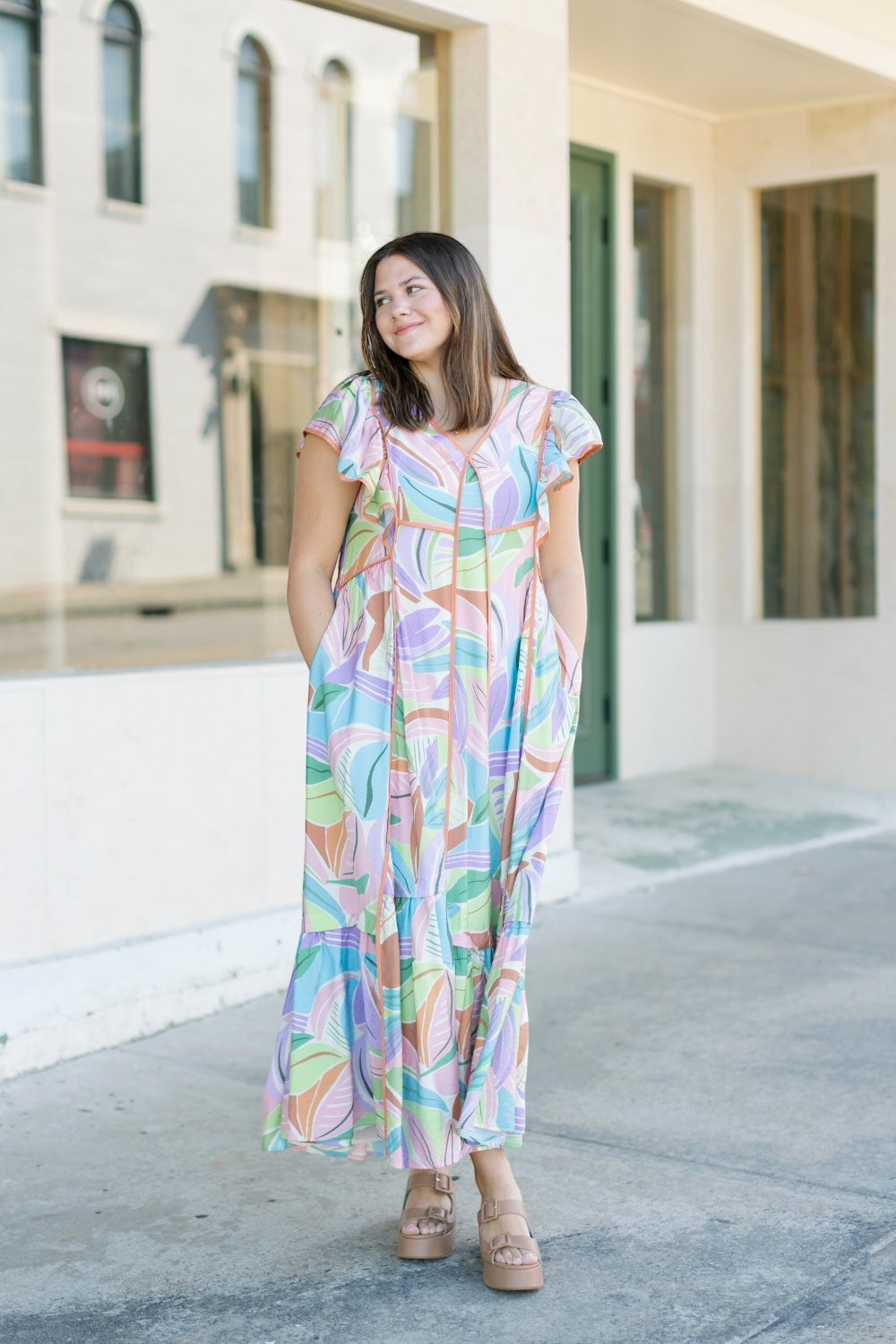 Maggie Multi Print Flutter Sleeve Midi Dress