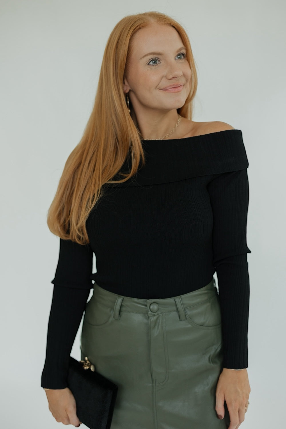 Black Ribbed Asymmetric Off The Shoulder Long Sleeve Top