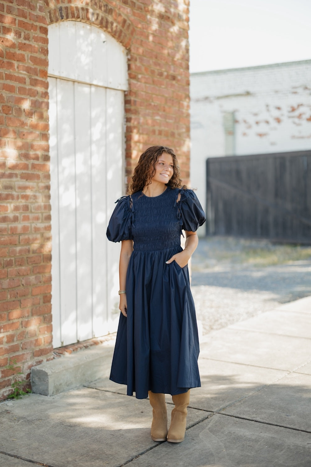 Dianne Navy Detachable Puff Sleeve Midi Dress