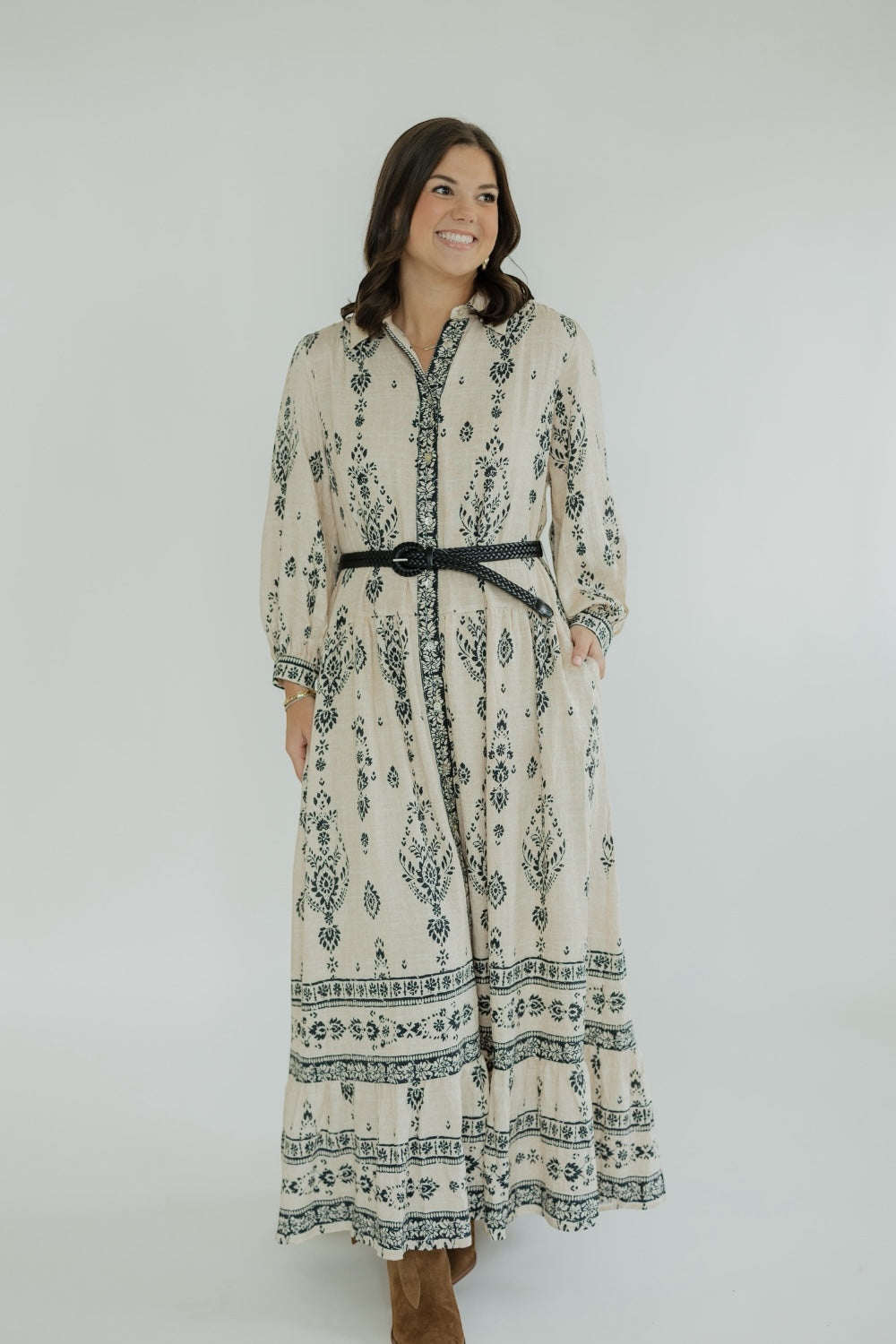 Pamela Belted Paisley Print Maxi Dress