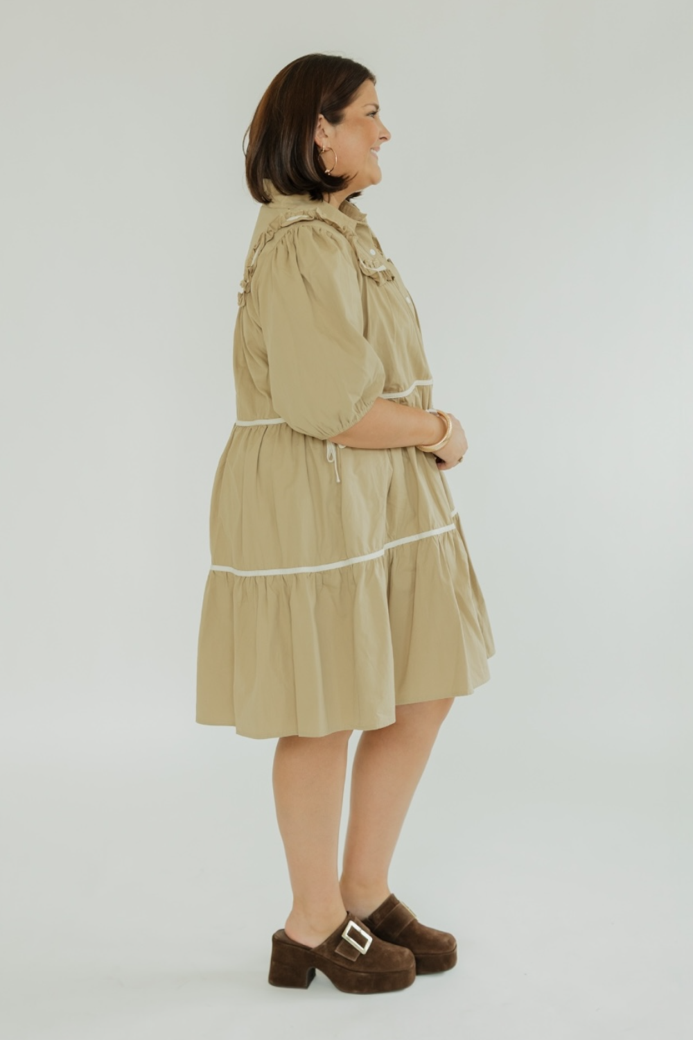Khaki Ruffled Button Down Mini Dress (S-3XL)