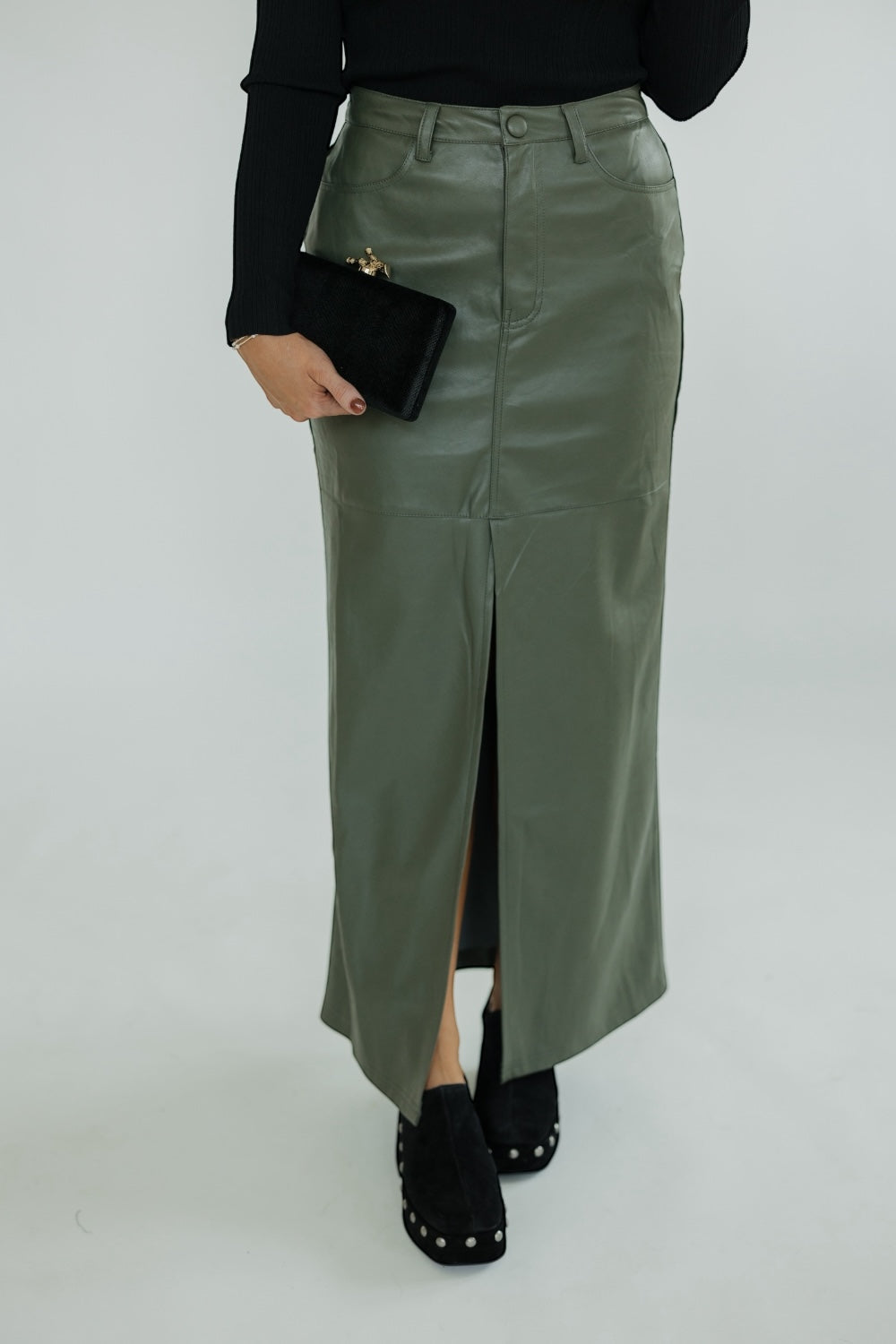 Pine Leather Midi Front Slit Skirt (XS-XL)