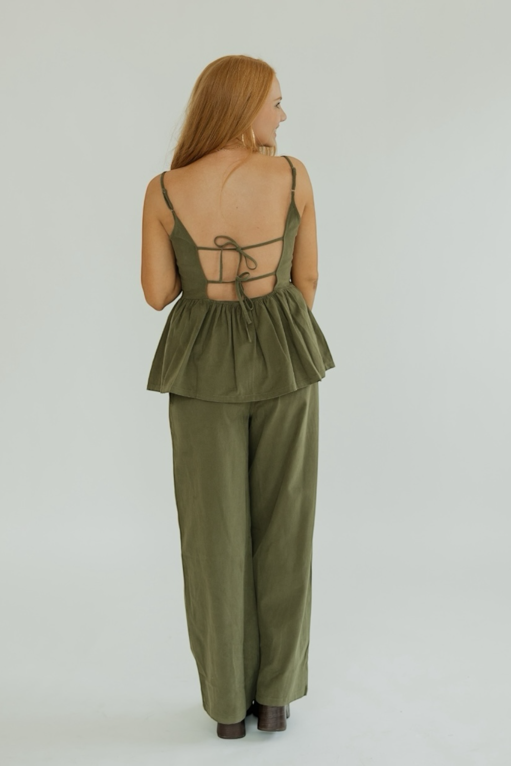Bonnie Olive Bow Trim Peplum Top