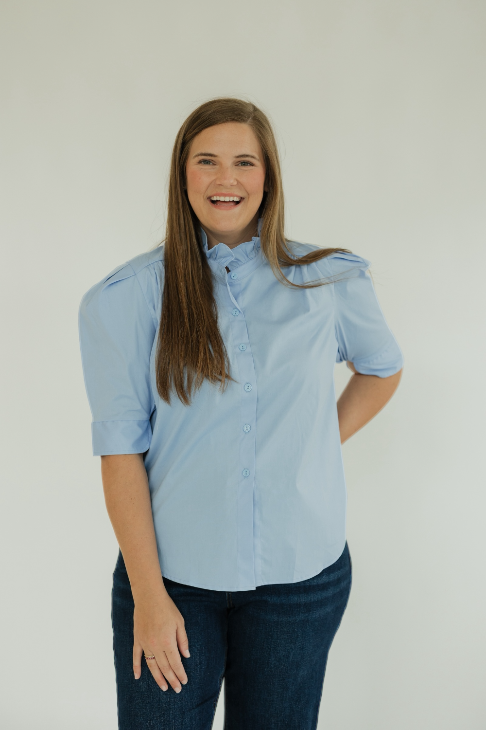 Jodie in Sky Ruffle Collar Top (S-3XL)