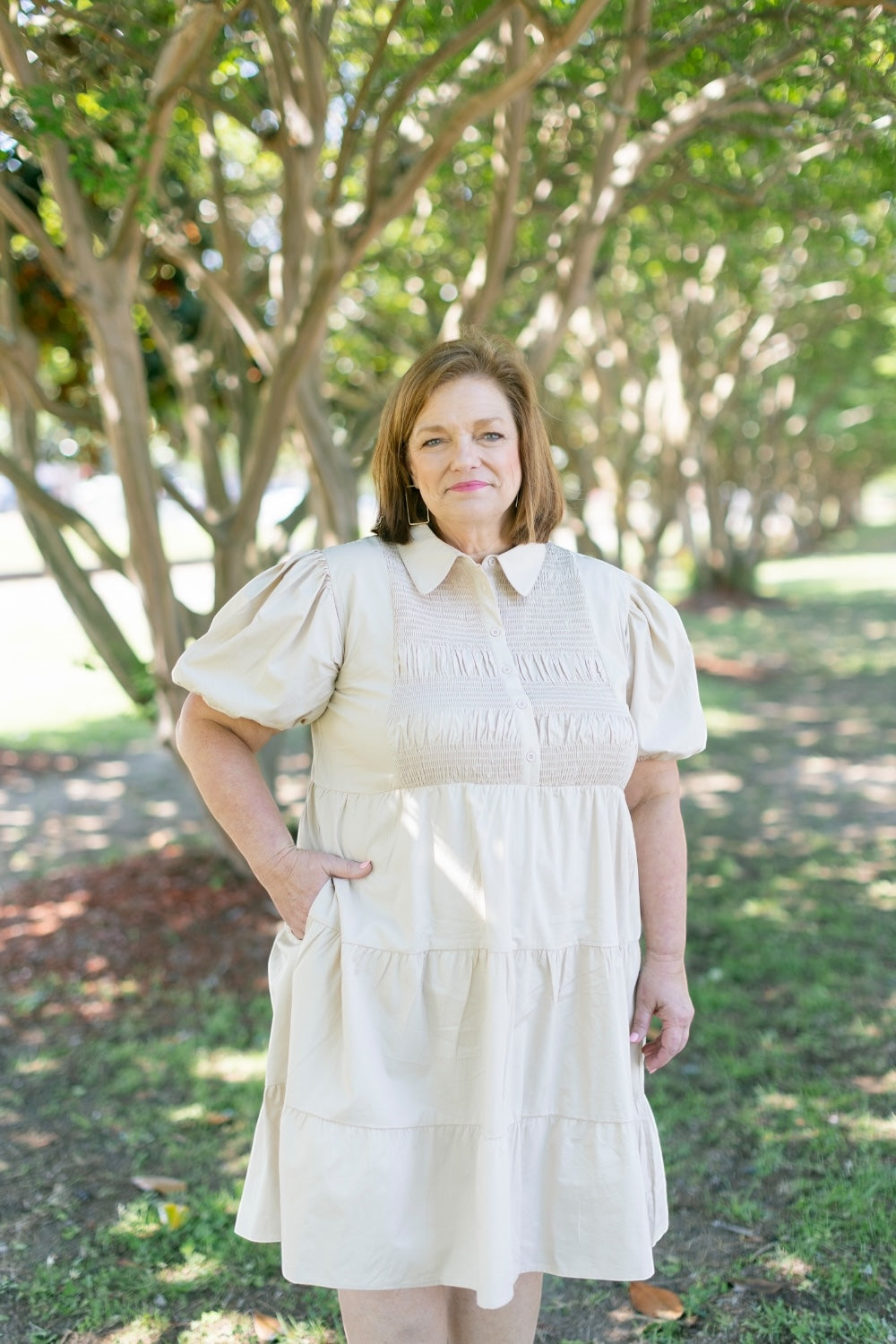 Dinna Taupe Smocked Button Down Dress (S-2XL)