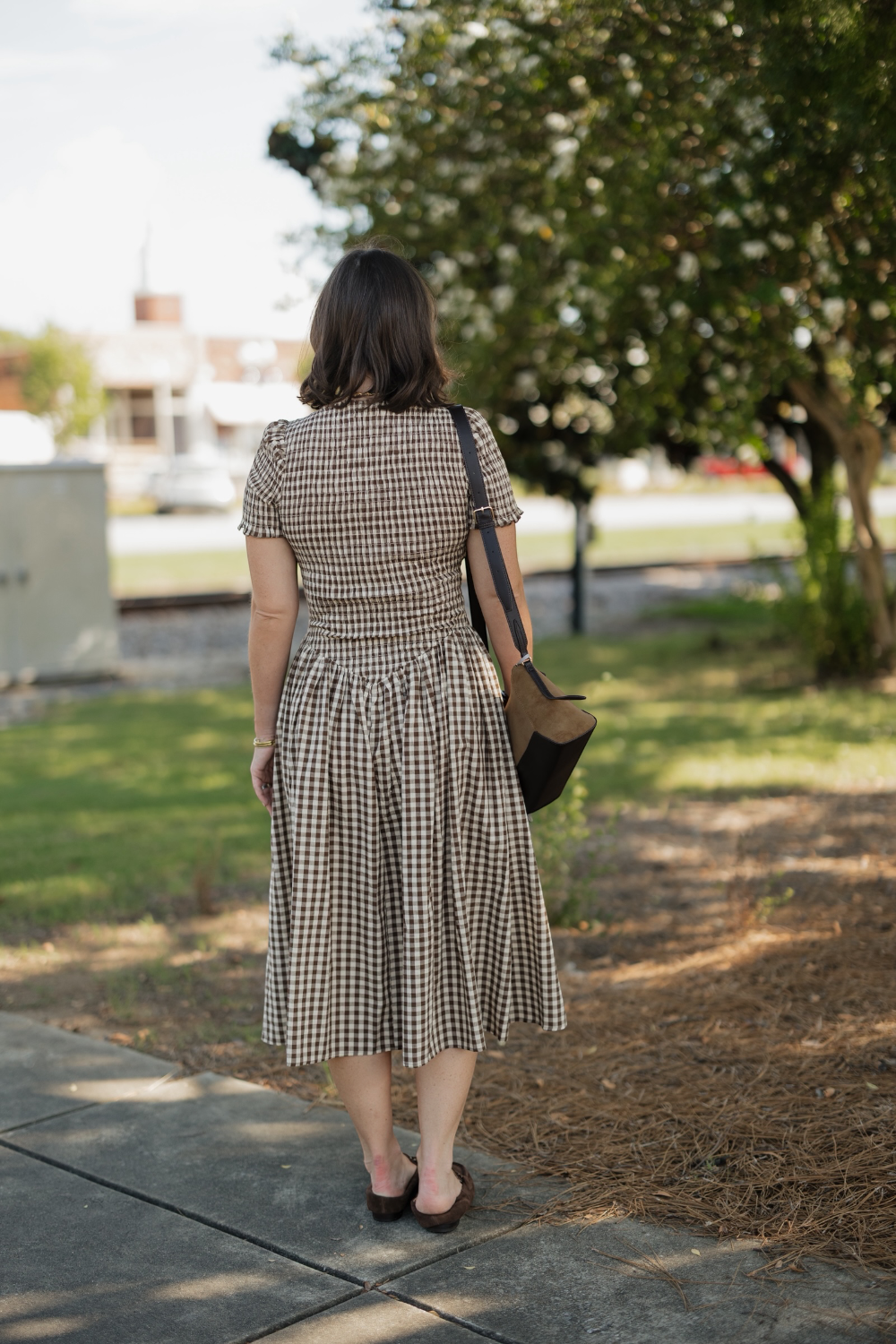 Bianca Brown Gingham Drop Waist Smocked Midi Dress
