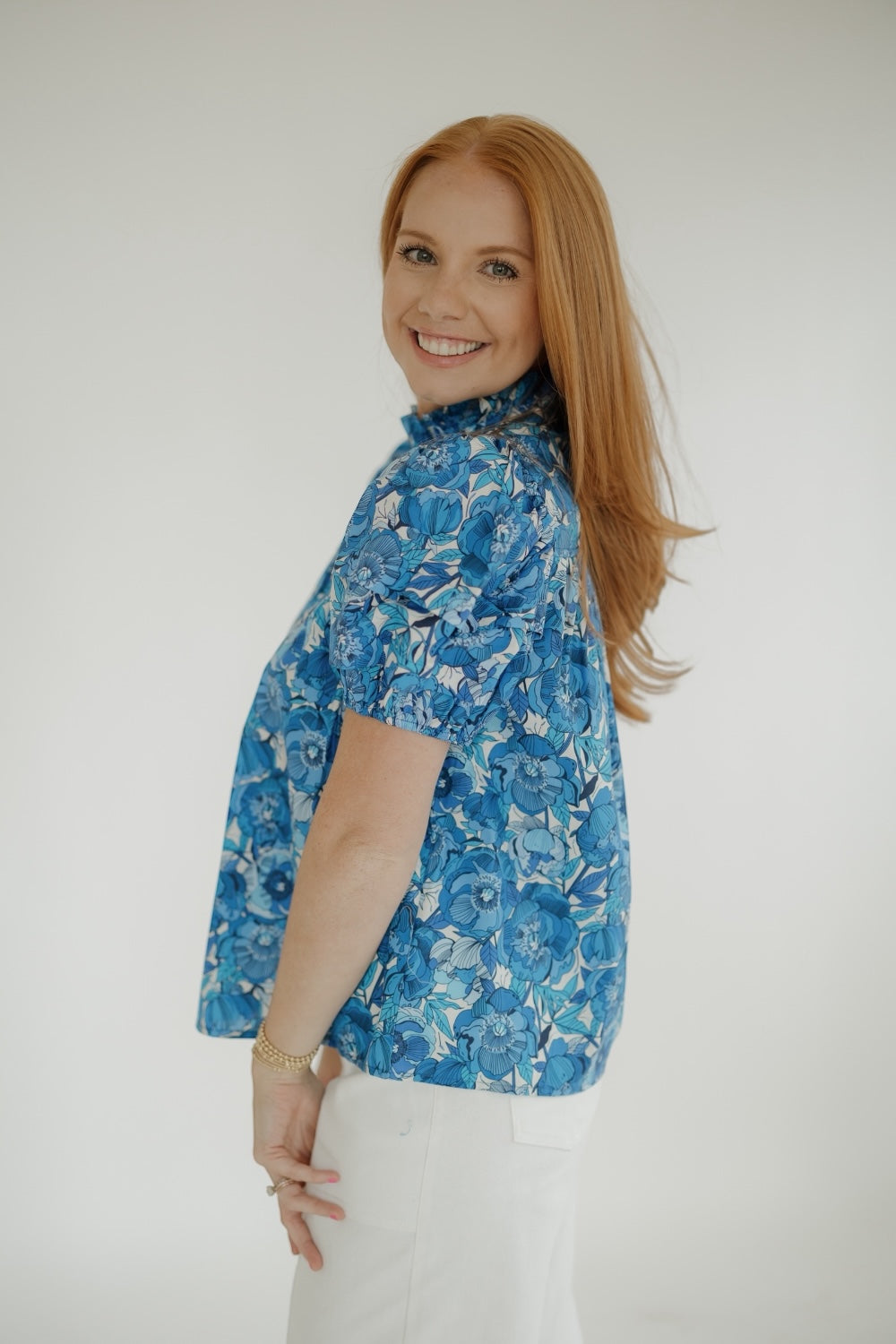 Brody Blue Peonies Short Sleeve Top