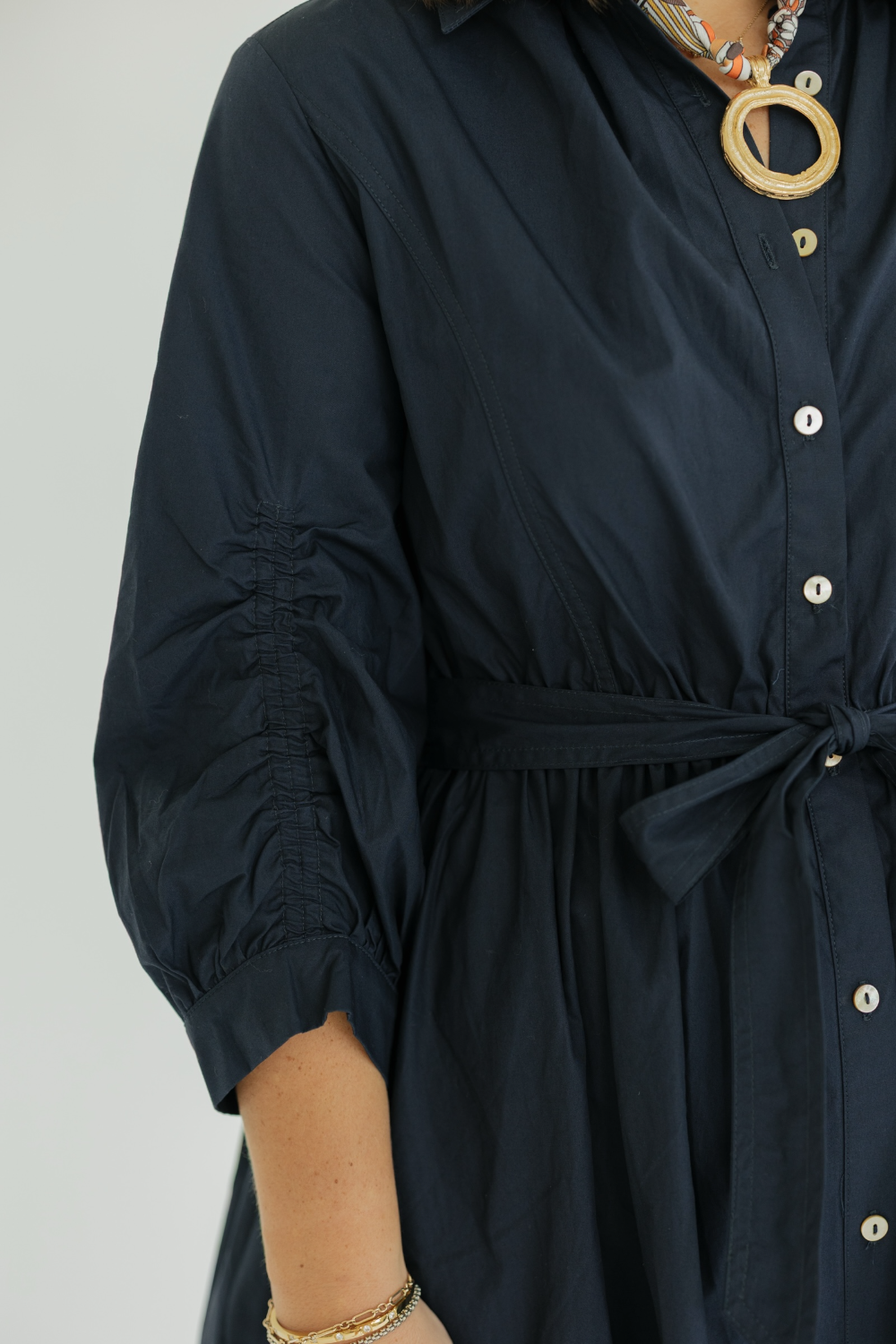 Alix Navy Detailed Button Down Midi Dress