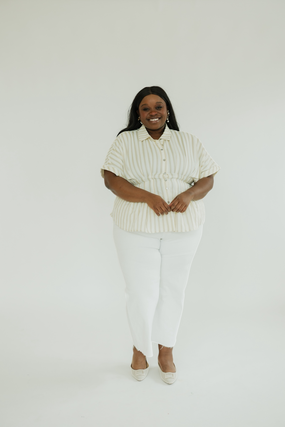 Cream Striped Pleated Waist Top (S-2XL)