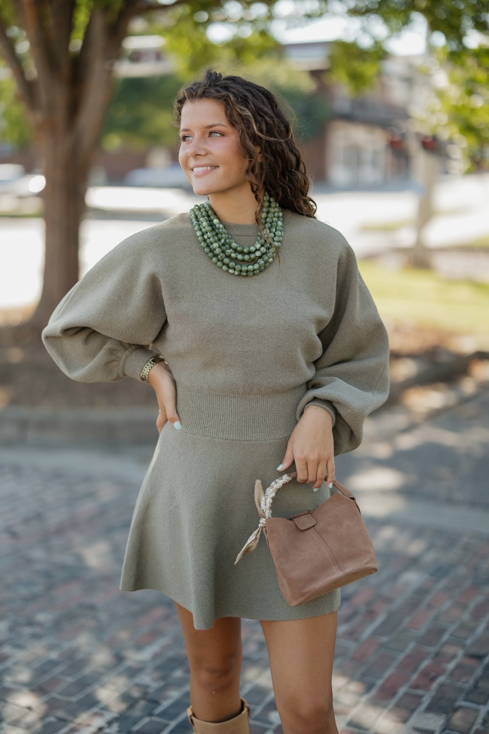 Bev Olive Ballon Sleeve Sweater Dress