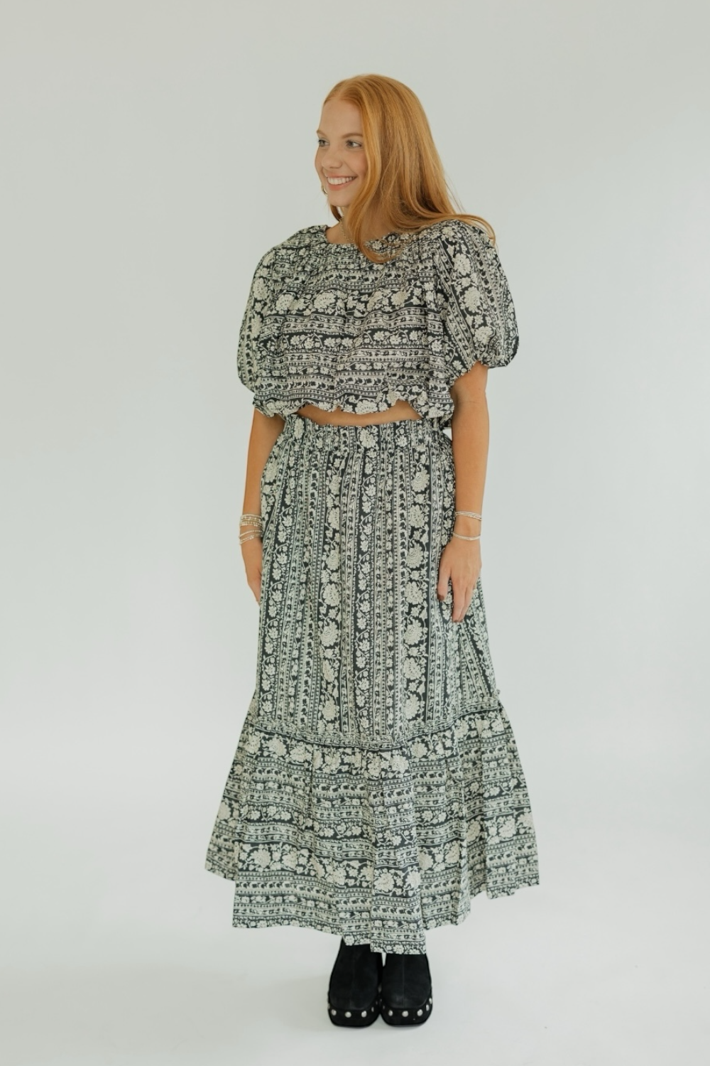 Melinda Black Floral Midi Skirt