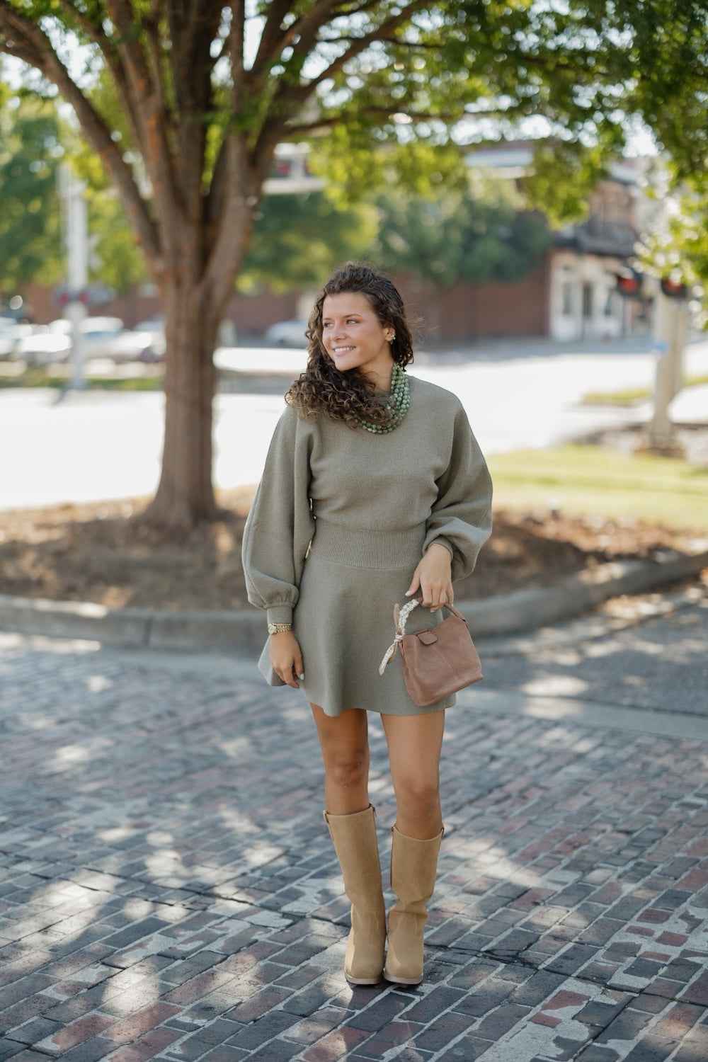 Bev Olive Ballon Sleeve Sweater Dress