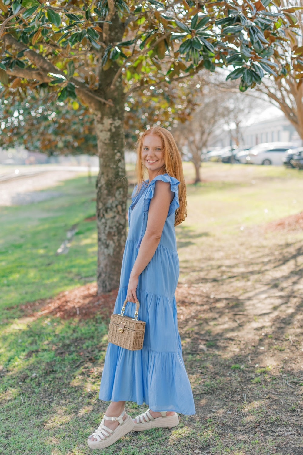 Periwinkle Flutter Sleeve Tiered Midi Dress