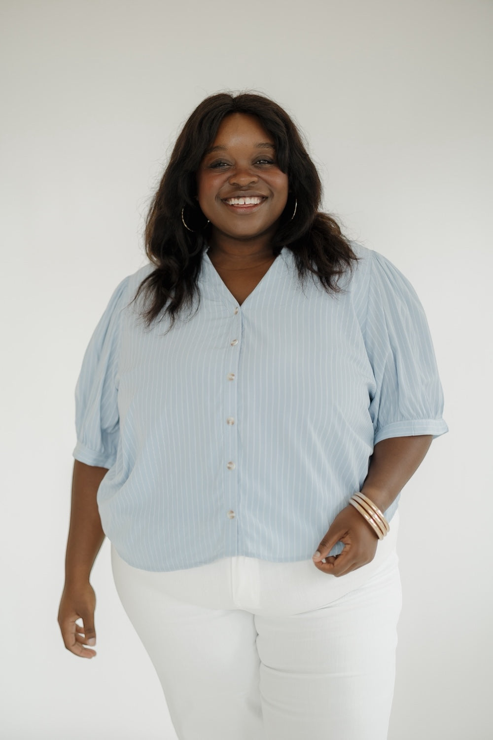 Rhi Striped V-neck Button Up Blouse
