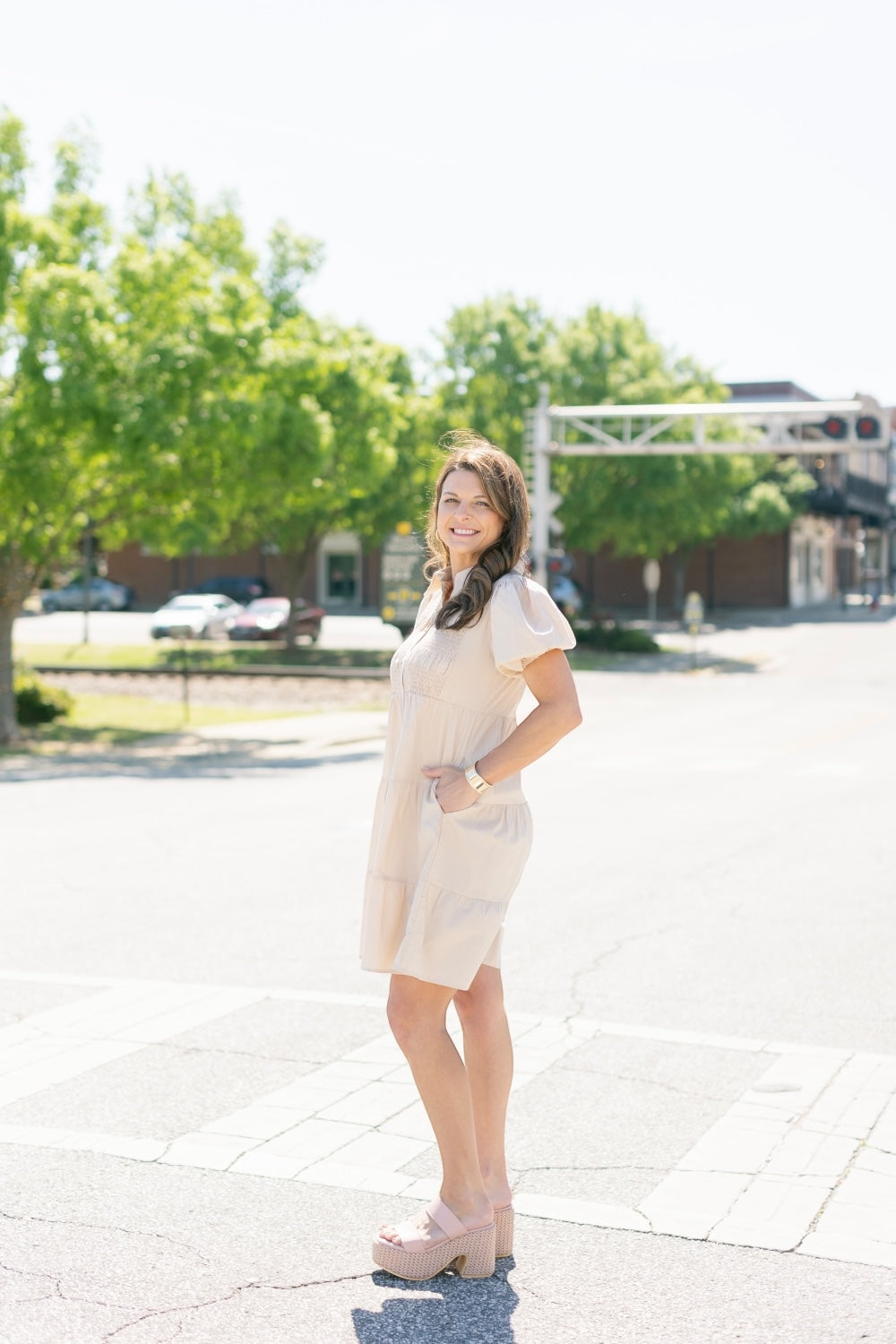 Dinna Taupe Smocked Button Down Dress (S-2XL)