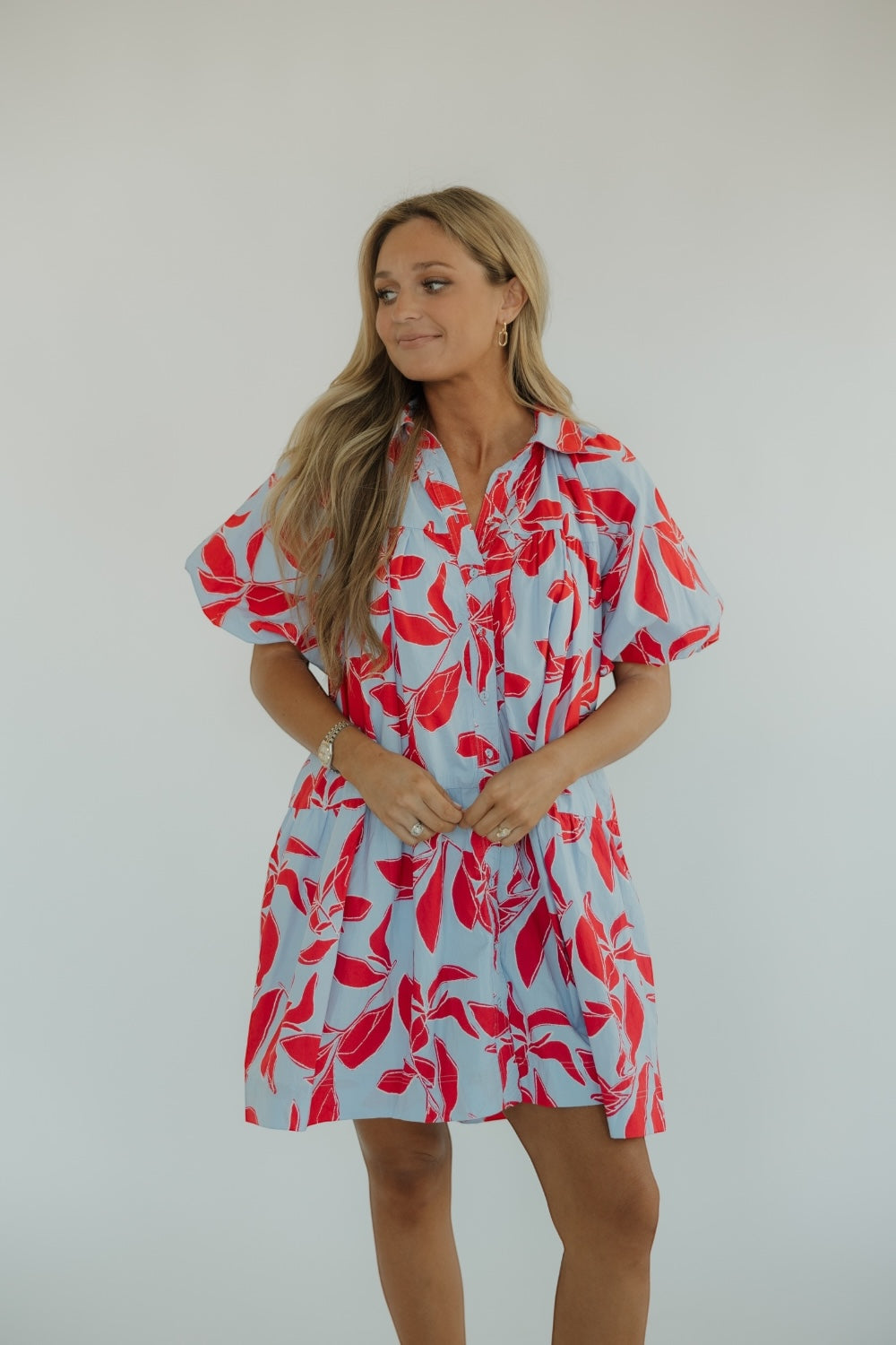 Leanne Red & Baby Blue Printed Shirt Dress
