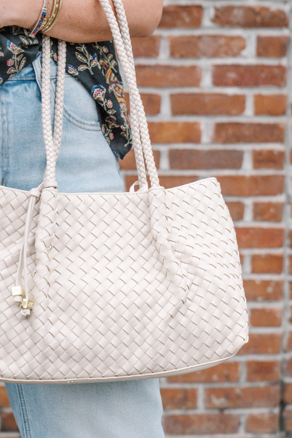 Nova Small Woven Shoulder Tote in Oyster