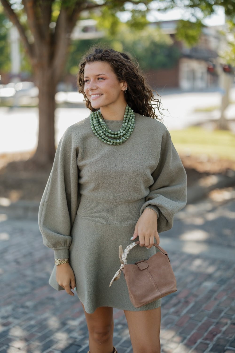 Bev Olive Ballon Sleeve Sweater Dress