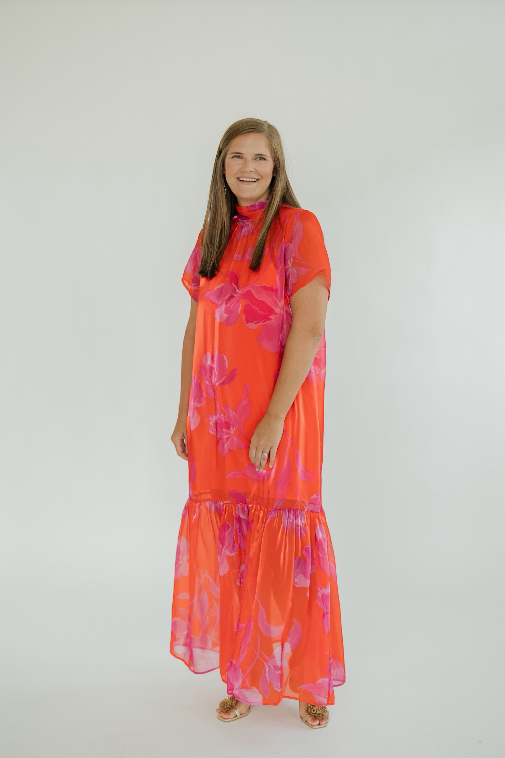Dime Red Fuchsia Organza Mockneck Maxi Dress (XS-3XL)