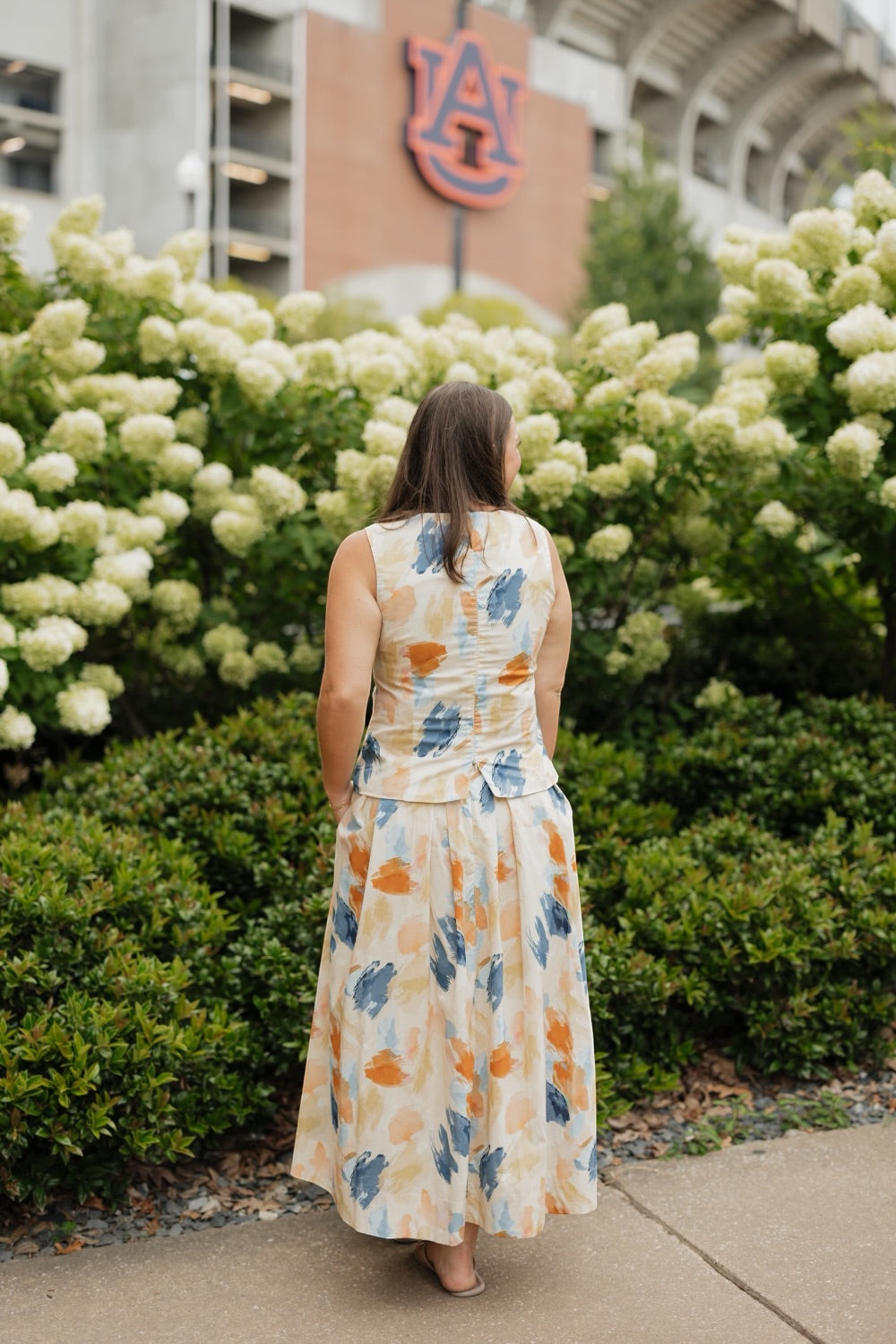 Sawyer Navy/Orange Watercolor Print Pleated Skirt