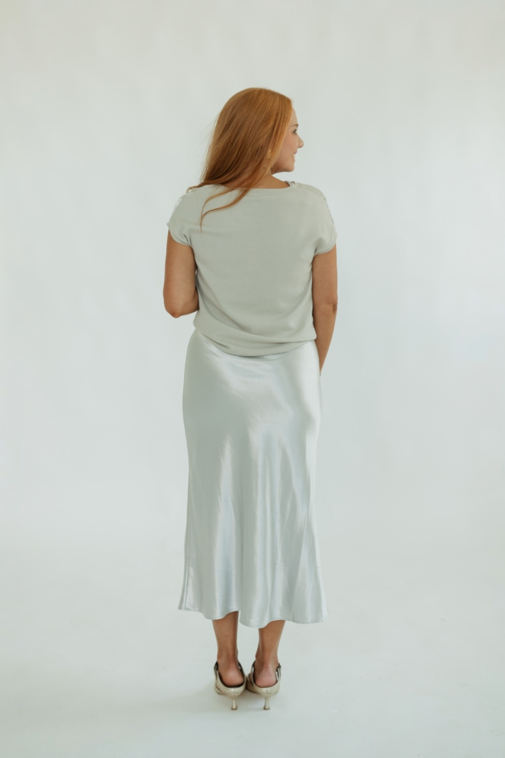 Silver Bias Skirt Silk Midi Skirt