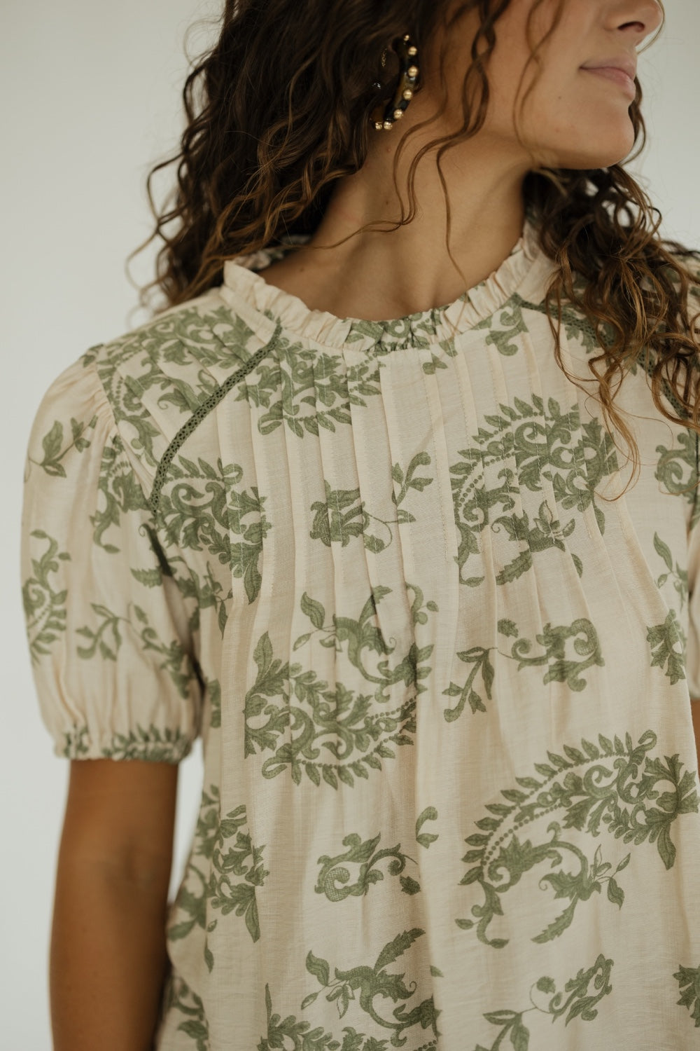 Nancy Olive Print Ruffle Neck Top (S-2XL)