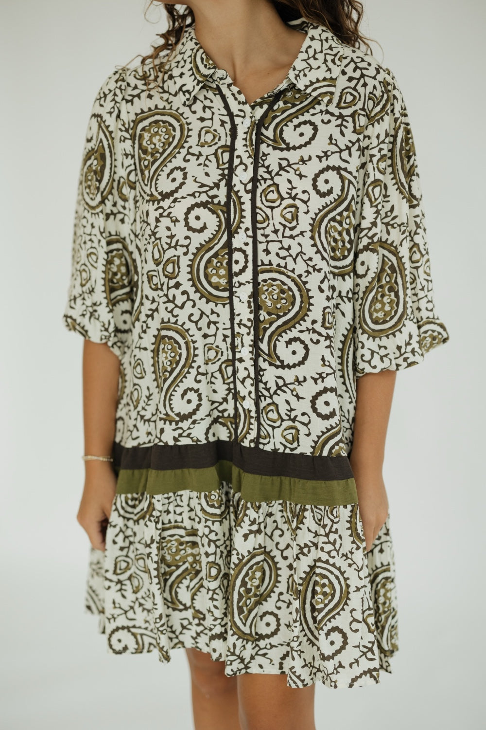 Olive Paisley Print Mini Dress (S-2XL)