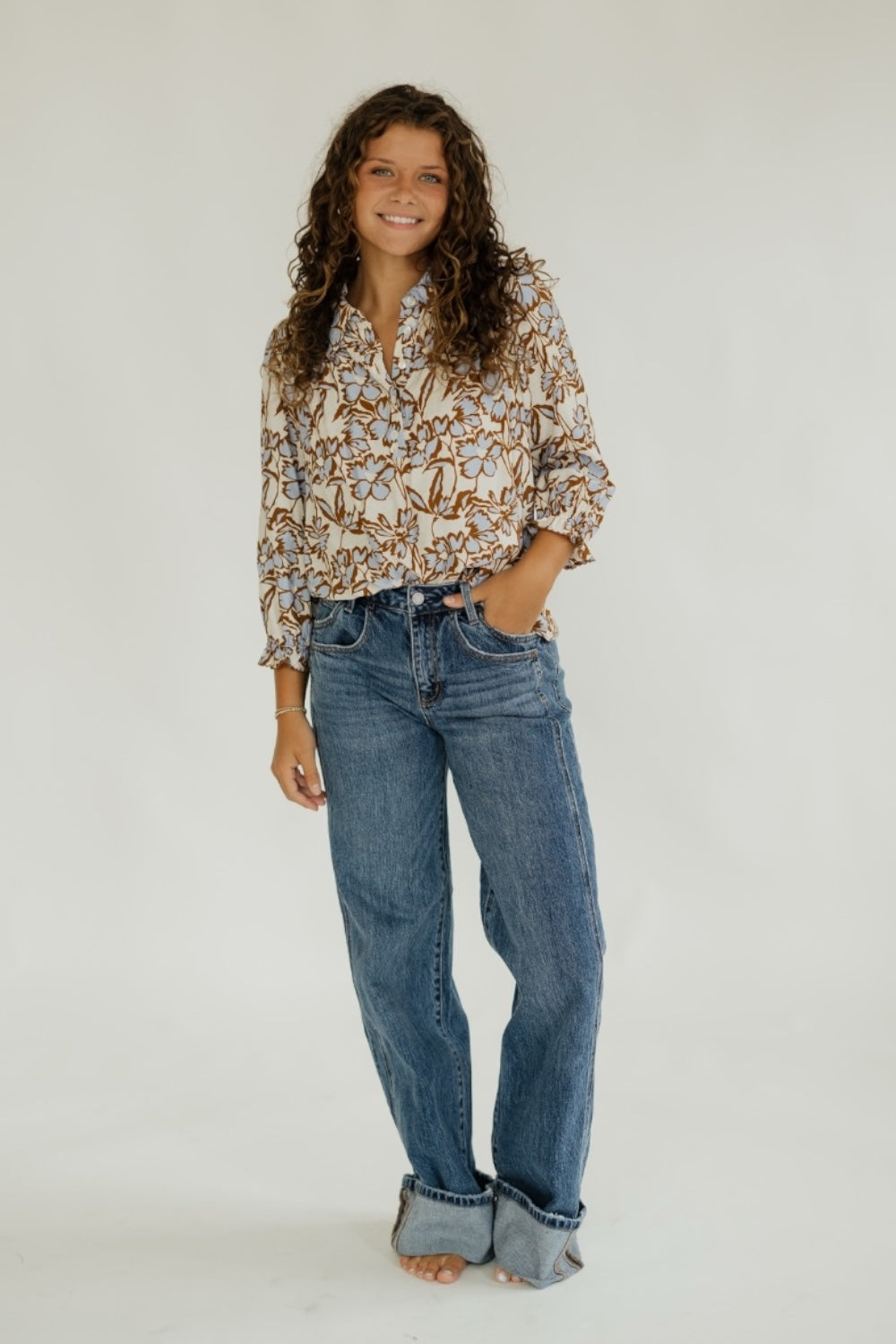 Bailey Blue/Brown Floral Ruffle Collar Top