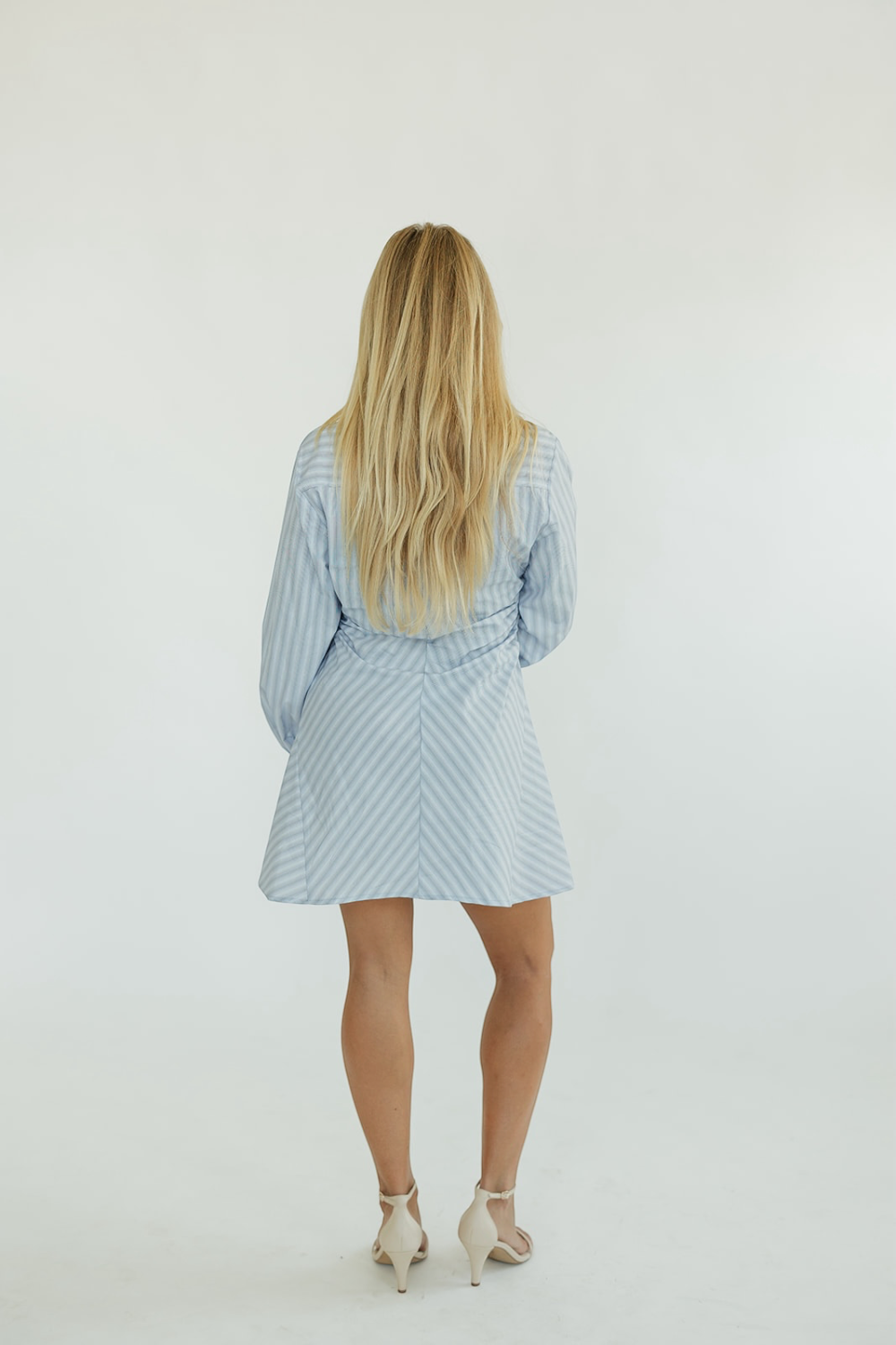 Sarah Light Blue Pinstripe Ruched Dress