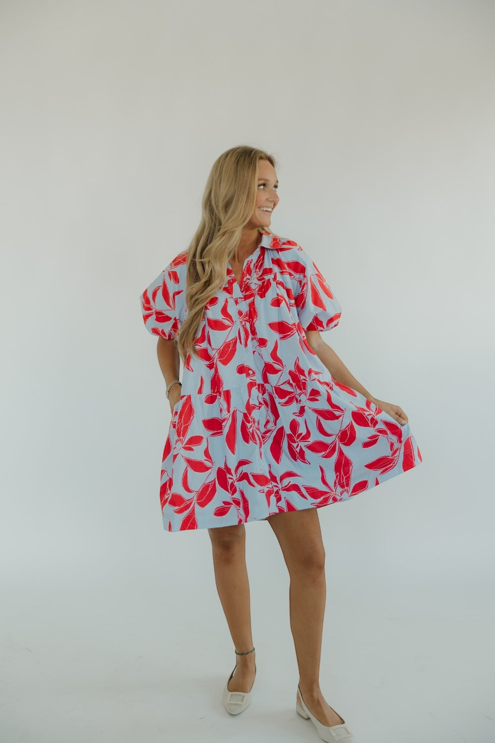 Leanne Red & Baby Blue Printed Shirt Dress