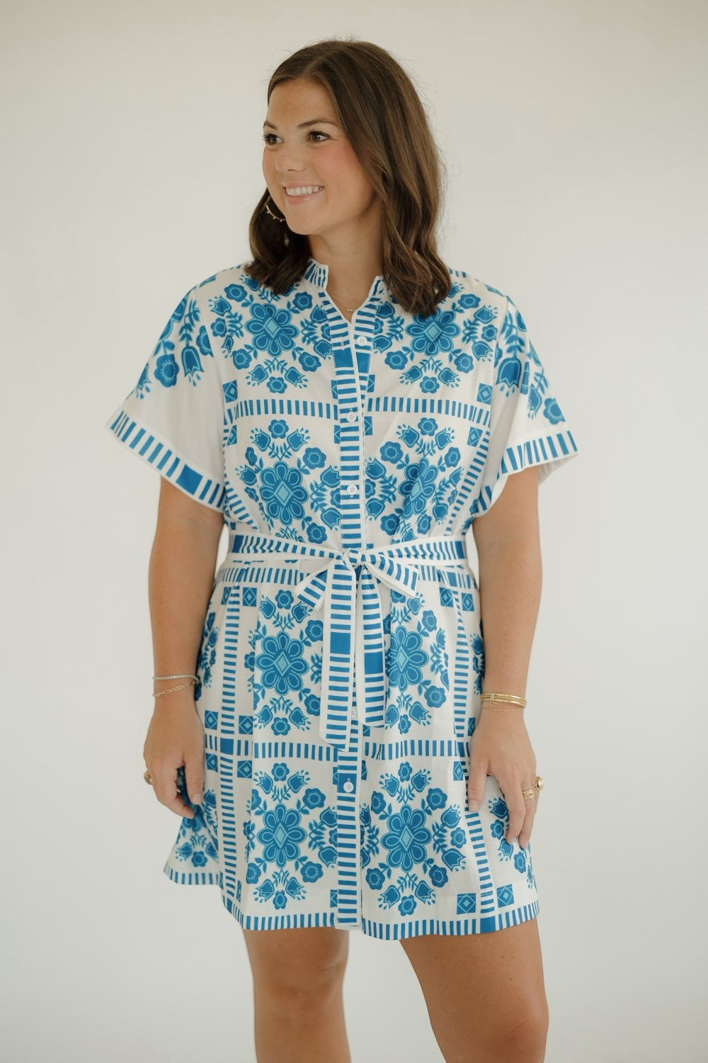 Annie Floral Block Pattern Button Up Dress