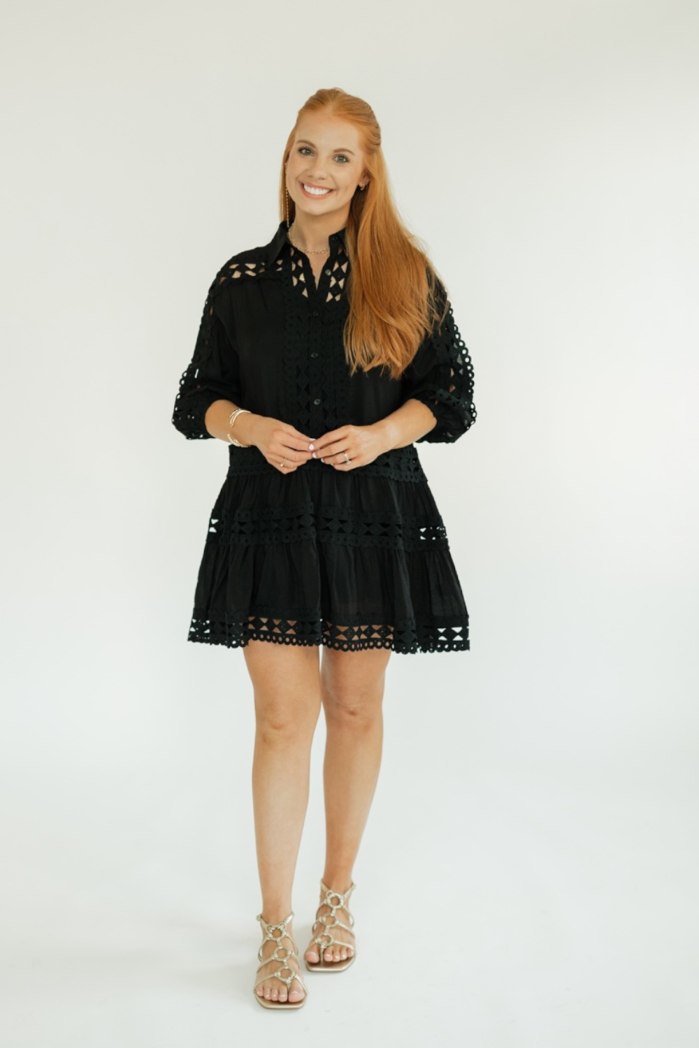 Black Lace Detail 3/4 Sleeve Dress (XS-XL)