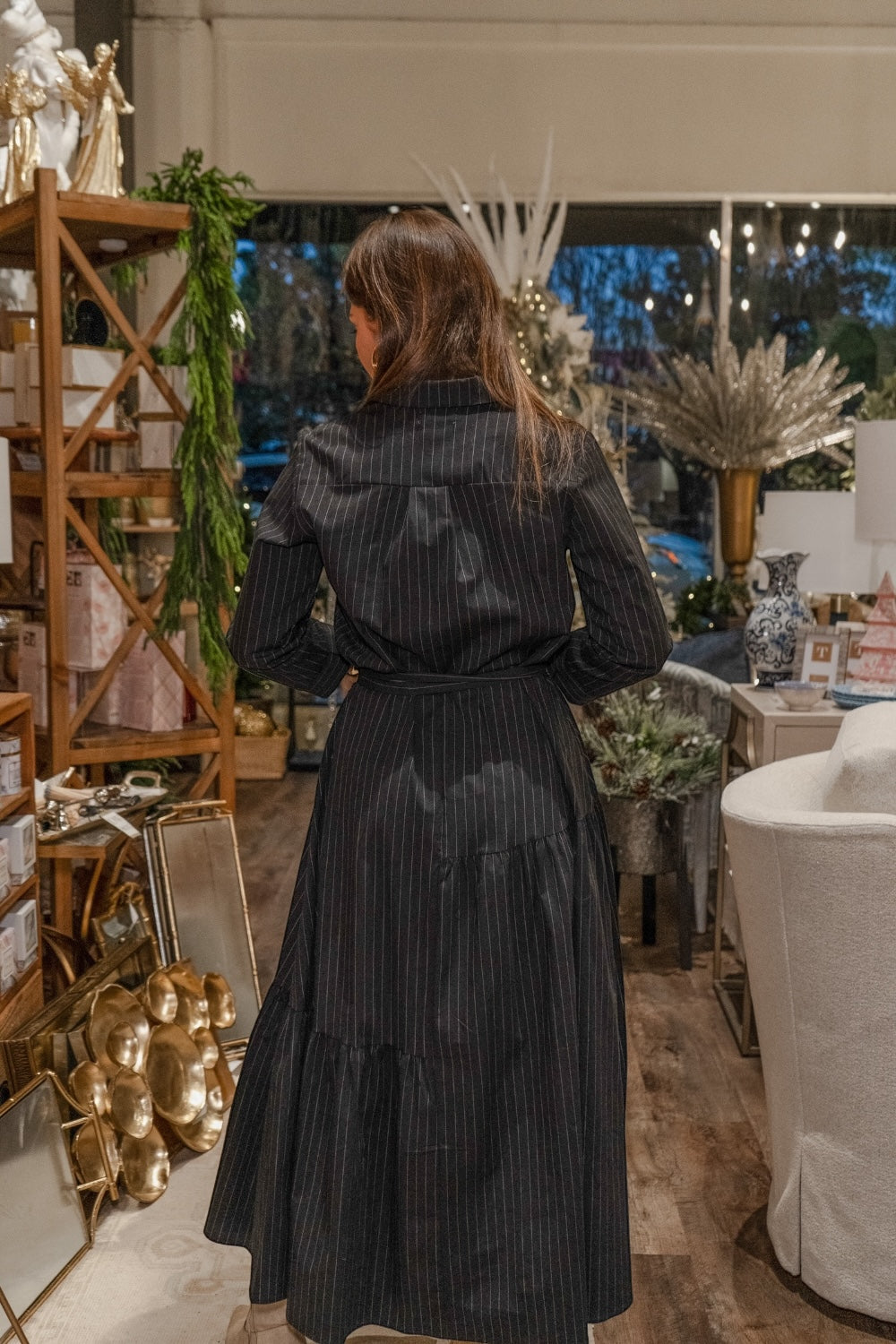 Gracelynn Black Pinstripe Midi Dress (S-3XL)