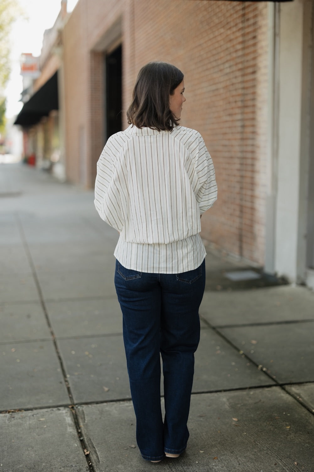 Mellie Khaki Multi Stripe Button Down Tucked Top