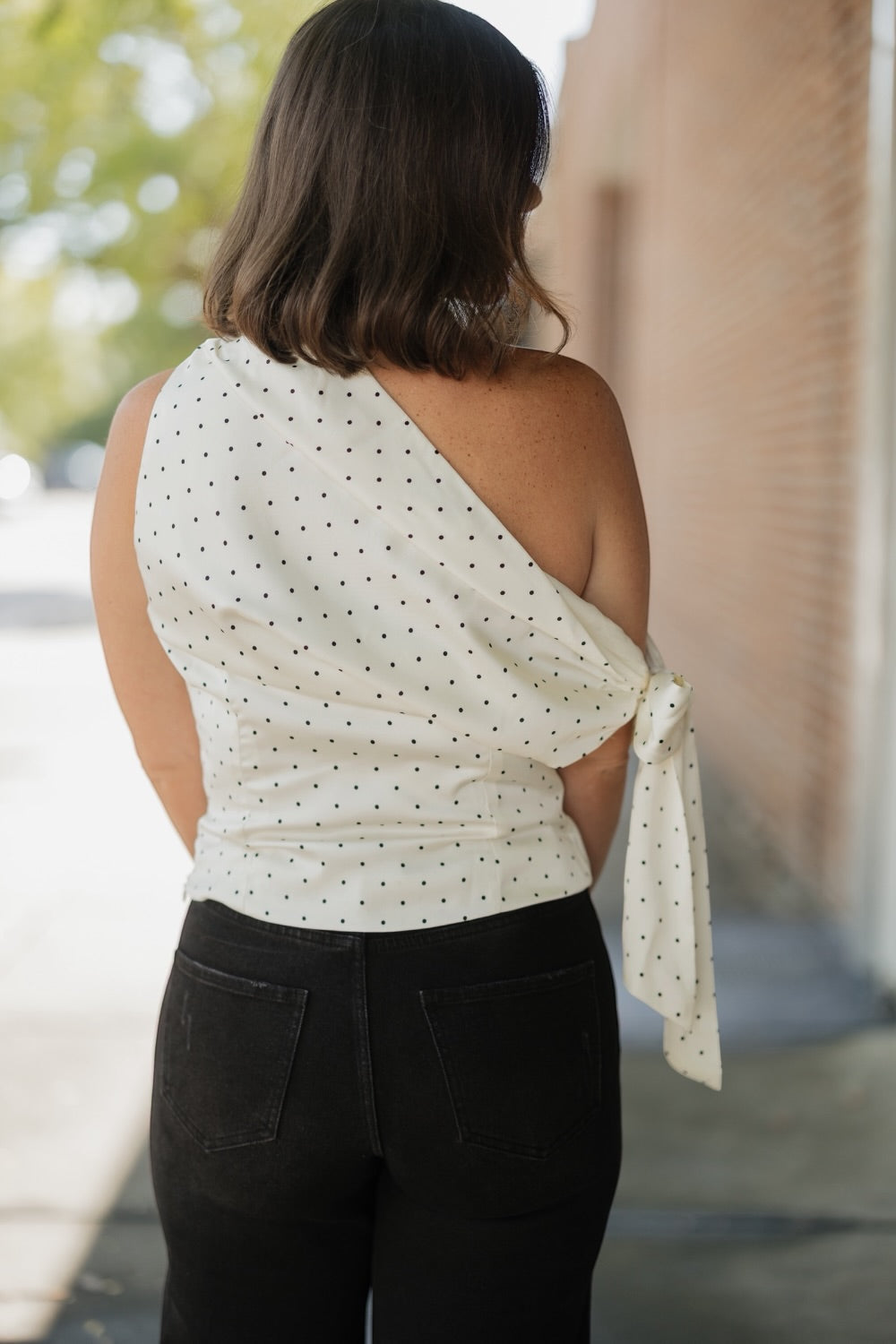 Celestine Satin Asymmetrical Polka Dot Top