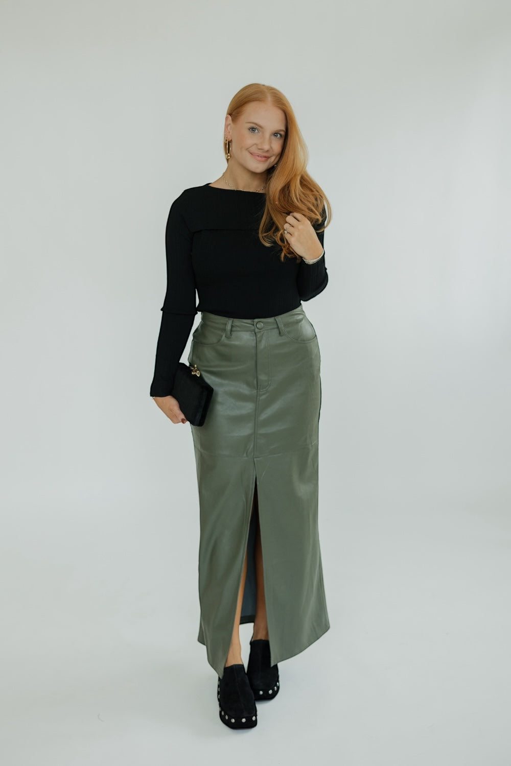 Pine Leather Midi Front Slit Skirt (XS-XL)