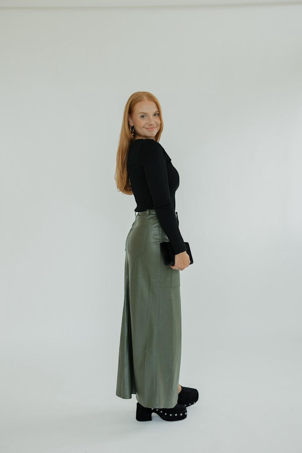 Pine Leather Midi Front Slit Skirt (XS-XL)