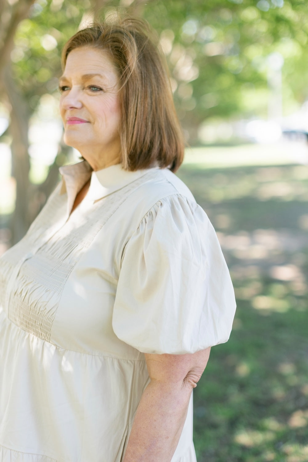 Dinna Taupe Smocked Button Down Dress (S-2XL)