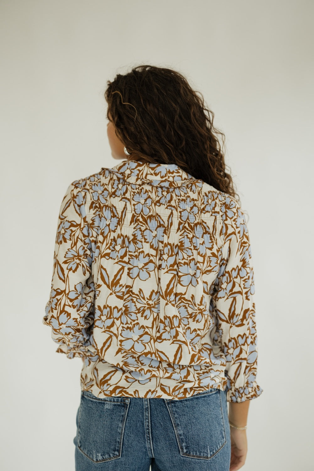 Bailey Blue/Brown Floral Ruffle Collar Top