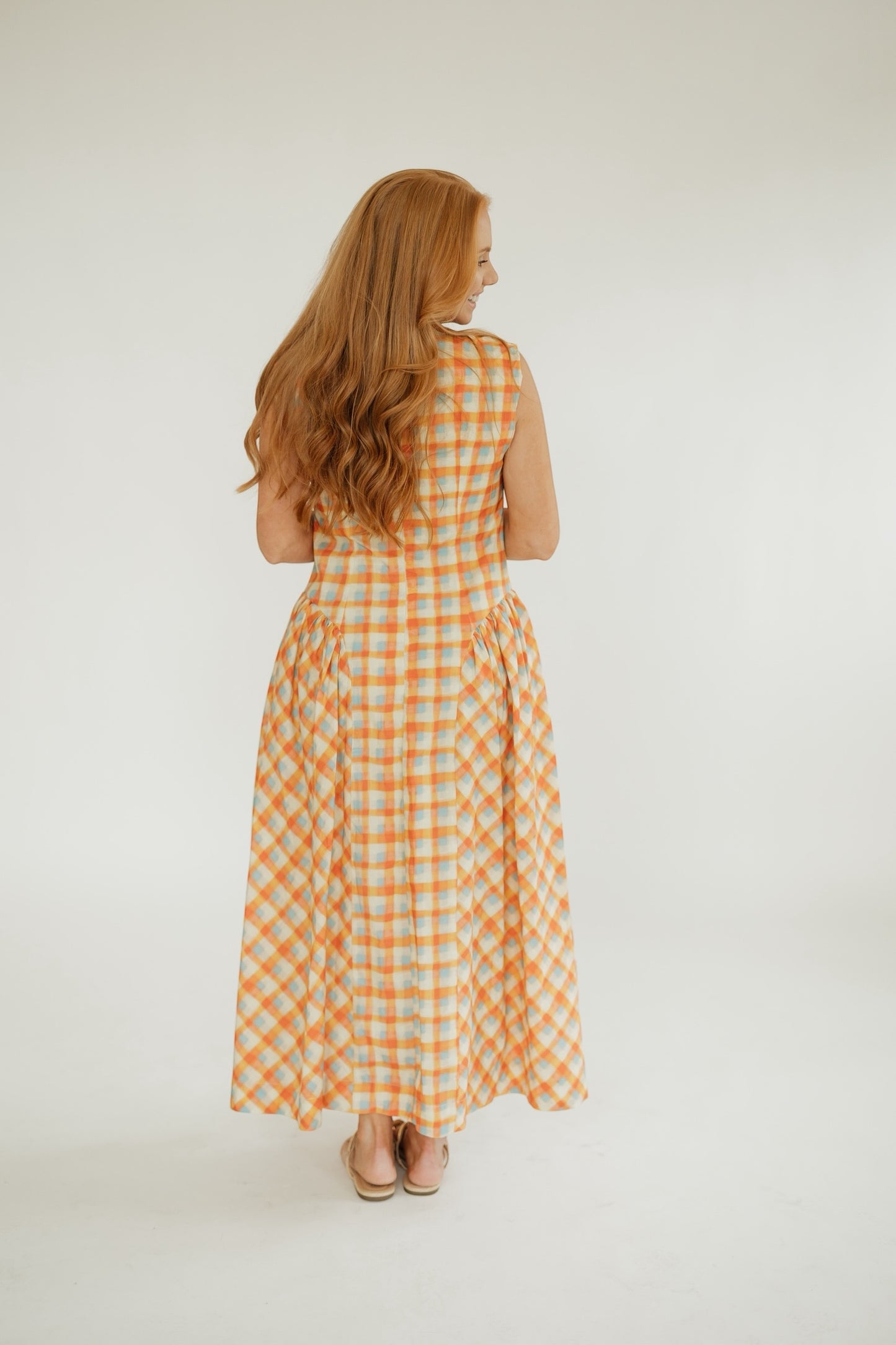 Gerri Orange Gingham Basque Waist Dress
