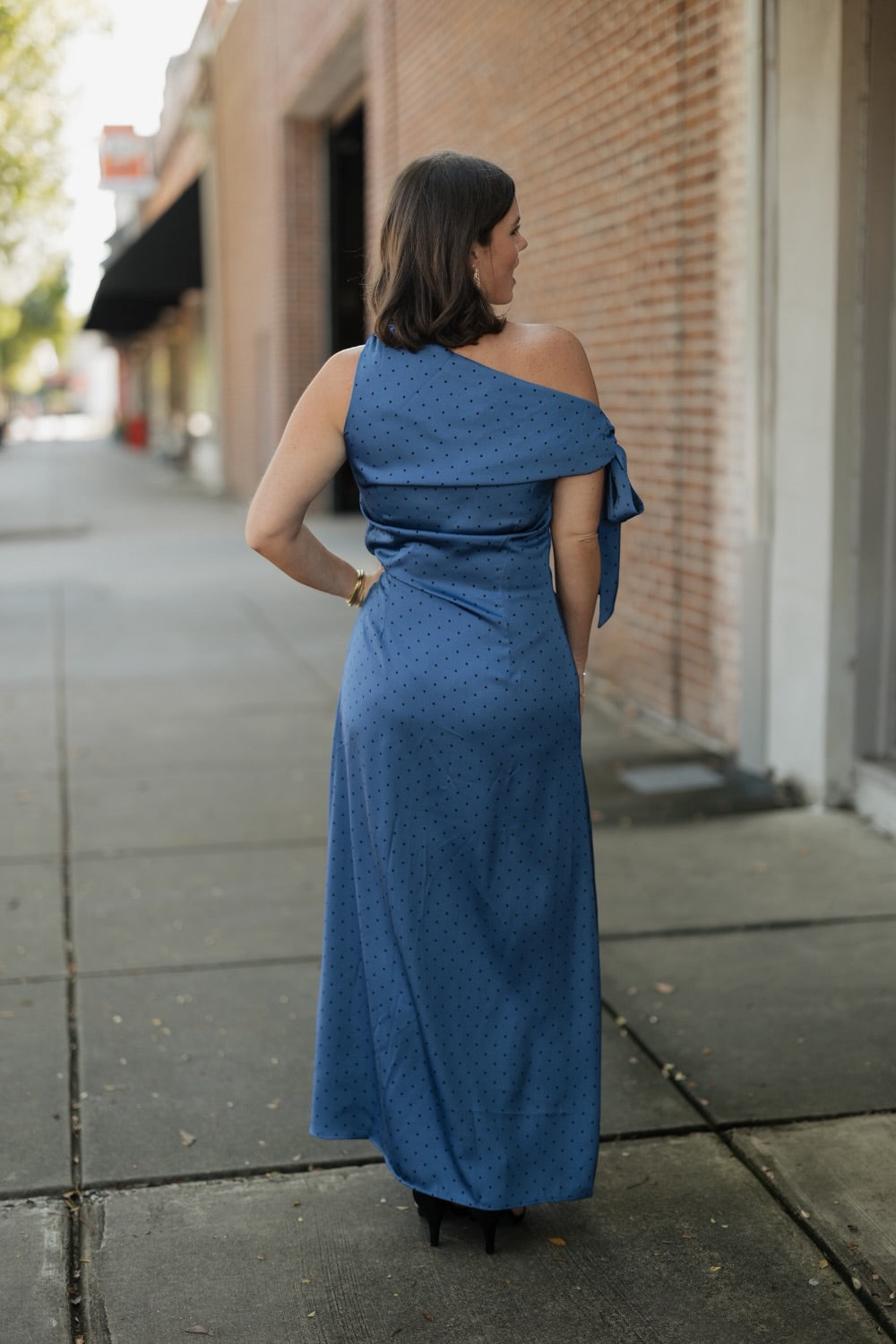 Remie Asymmetrical Blue Polka Dot Midi Dress