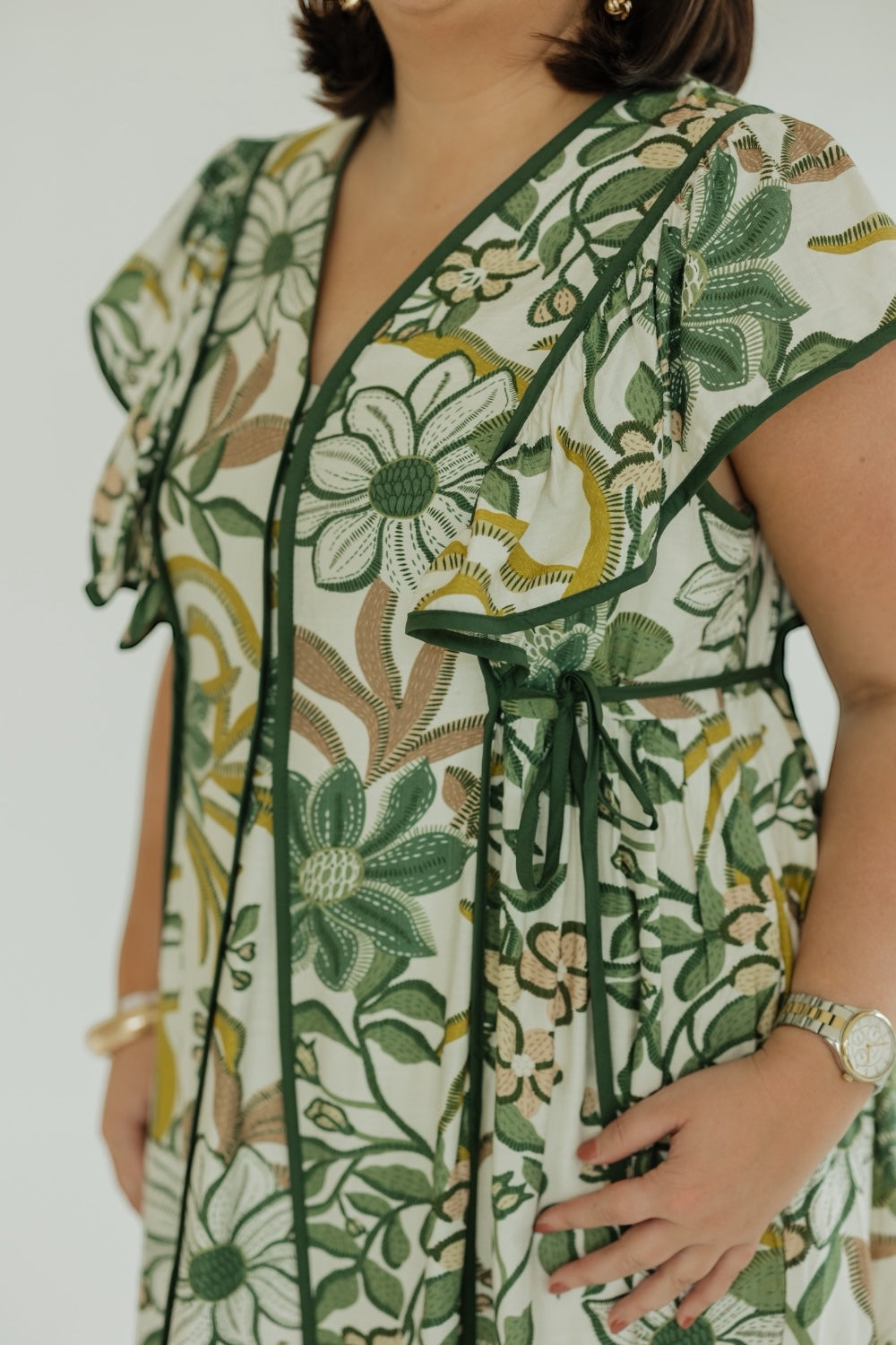 Elaine Olive Floral Flutter Sleeve Midi Dress
