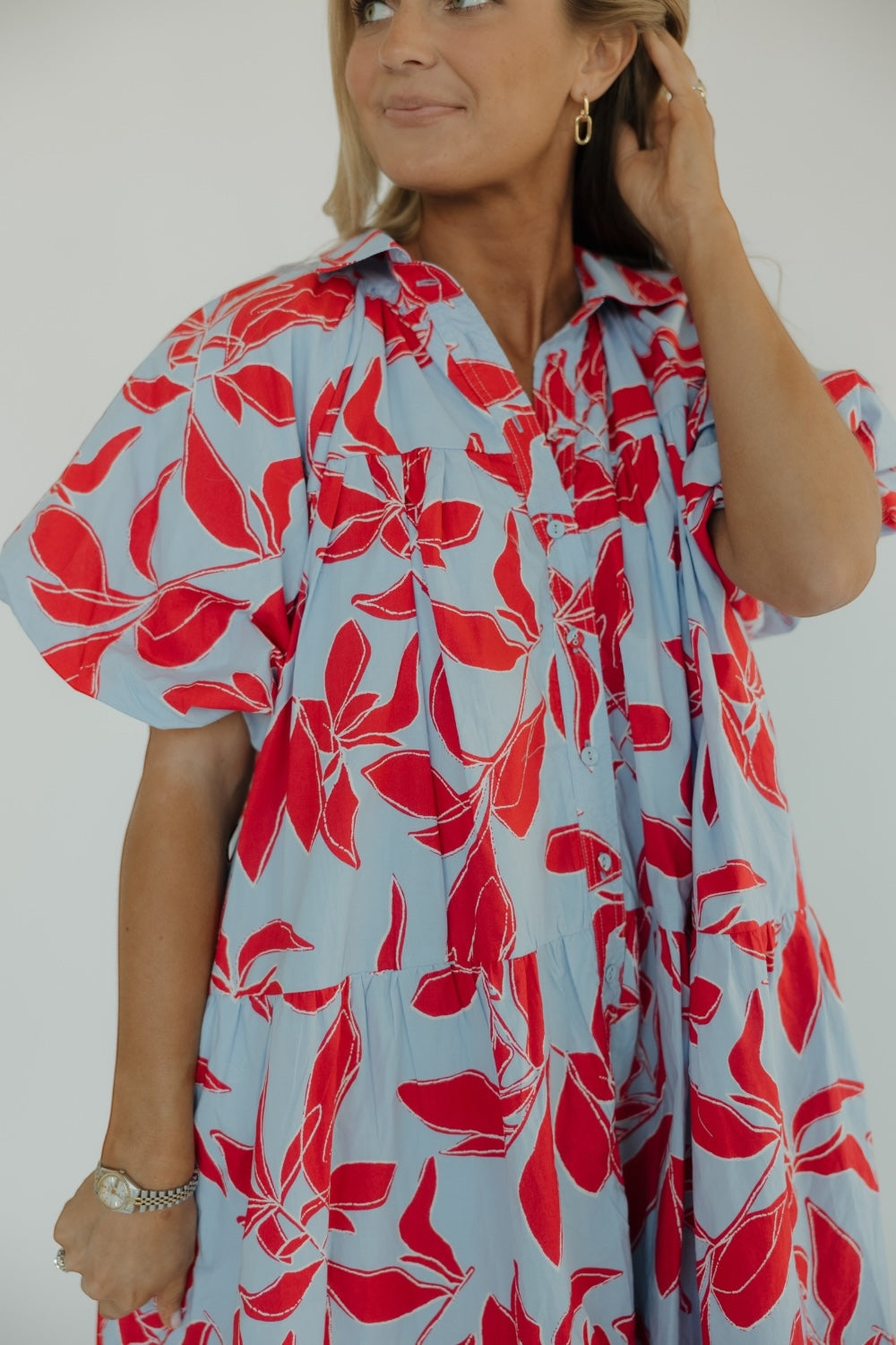 Leanne Red & Baby Blue Printed Shirt Dress