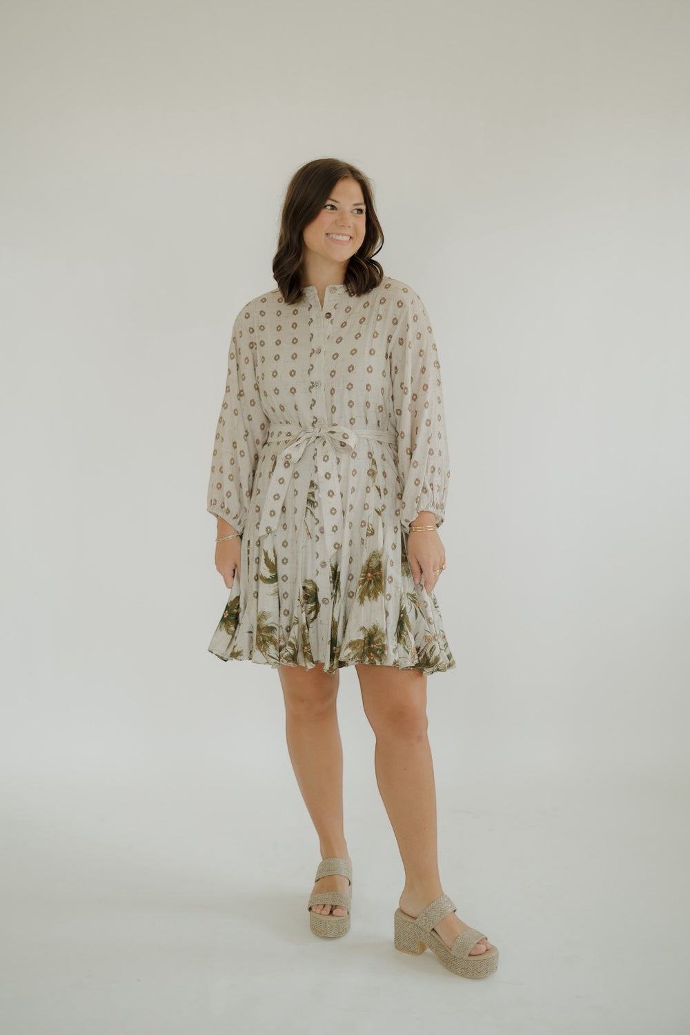 Palm Pattern 3/4 Sleeve Dress