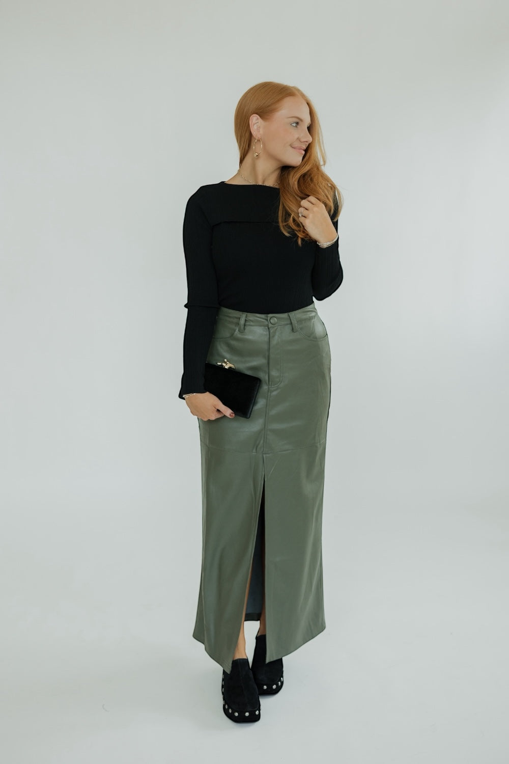 Pine Leather Midi Front Slit Skirt (XS-XL)