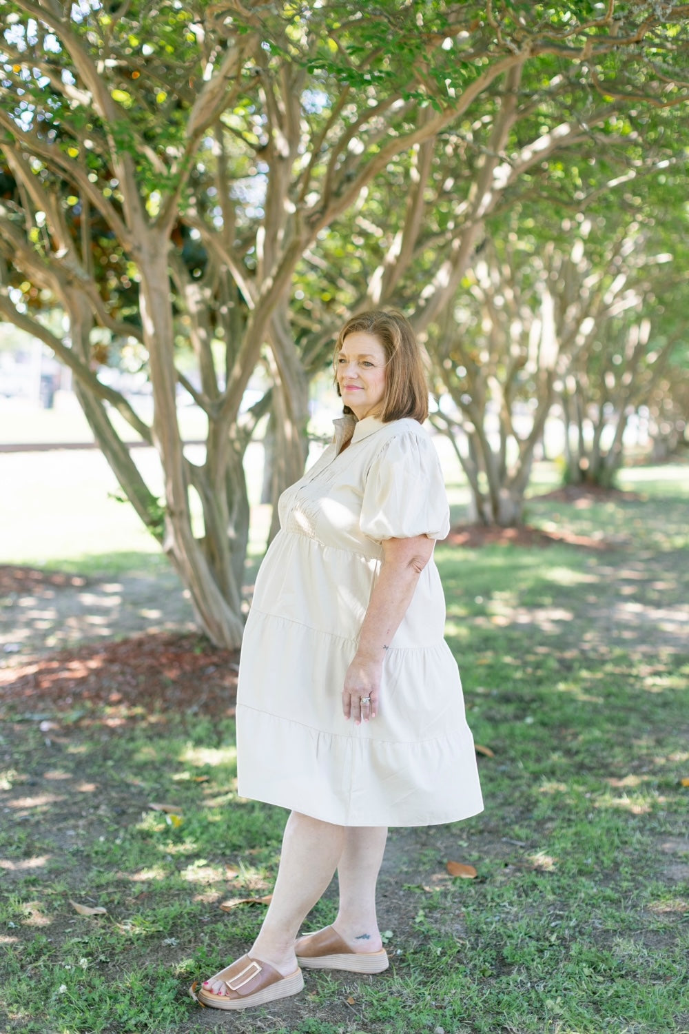 Dinna Taupe Smocked Button Down Dress (S-2XL)