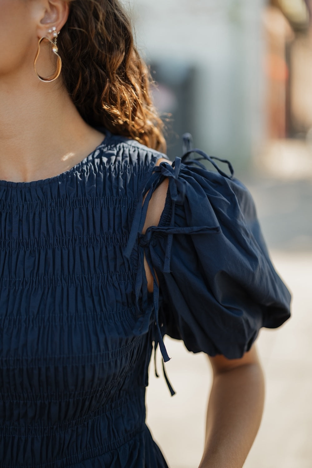Dianne Navy Detachable Puff Sleeve Midi Dress