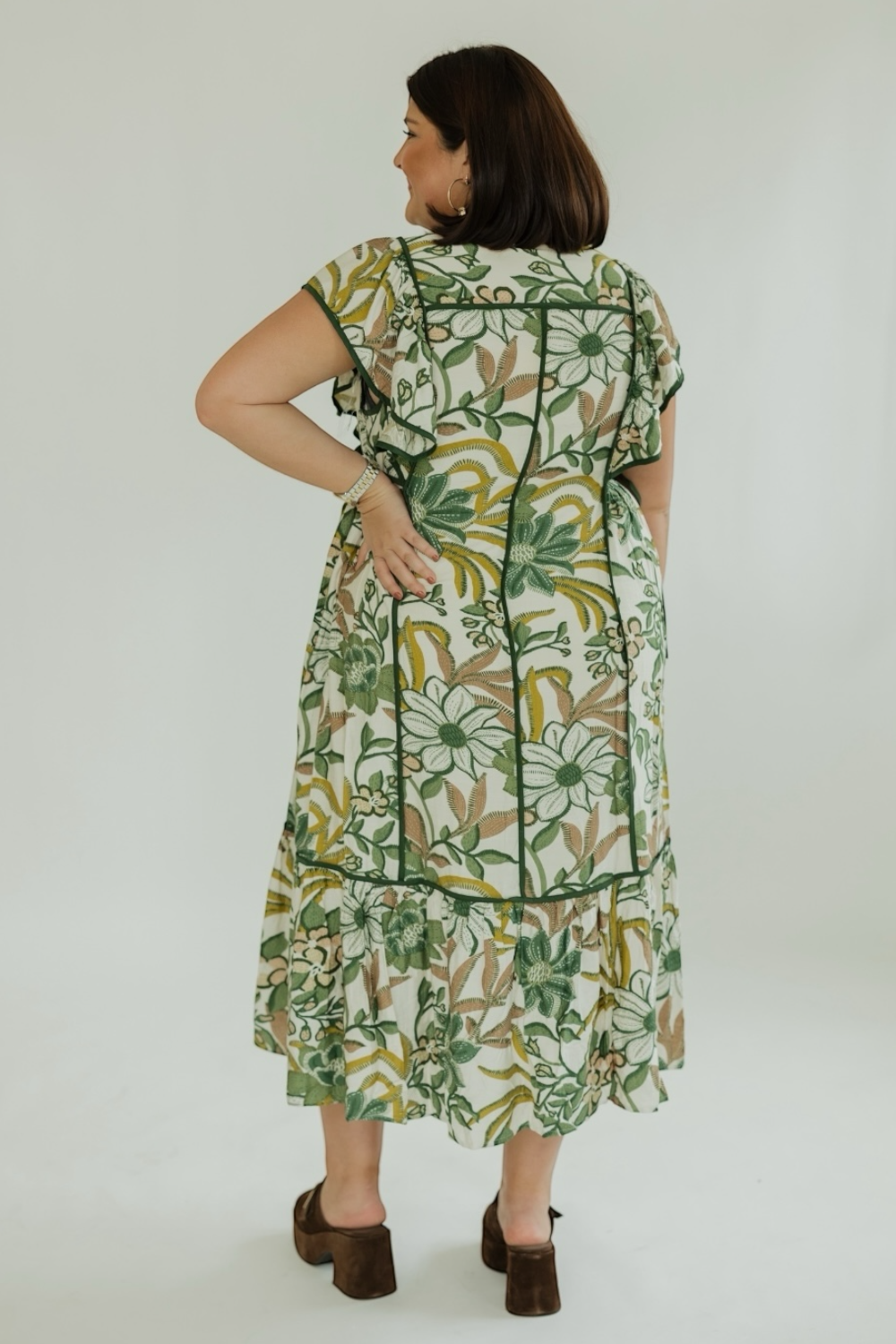 Elaine Olive Floral Flutter Sleeve Midi Dress