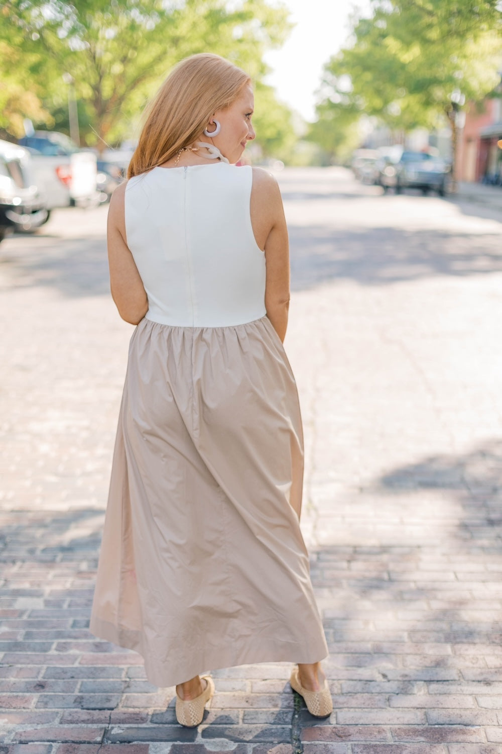 Tonya Taupe & White Tank Midi Dress